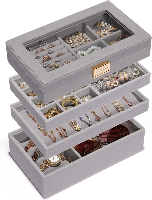 Homde Jewelry Tray Stackable Jewelry Box Drawer Organizer with Glass Lid, Removable Dividers for Vanity Table - Christmas Gift Idea for Girls and Women (Gray)