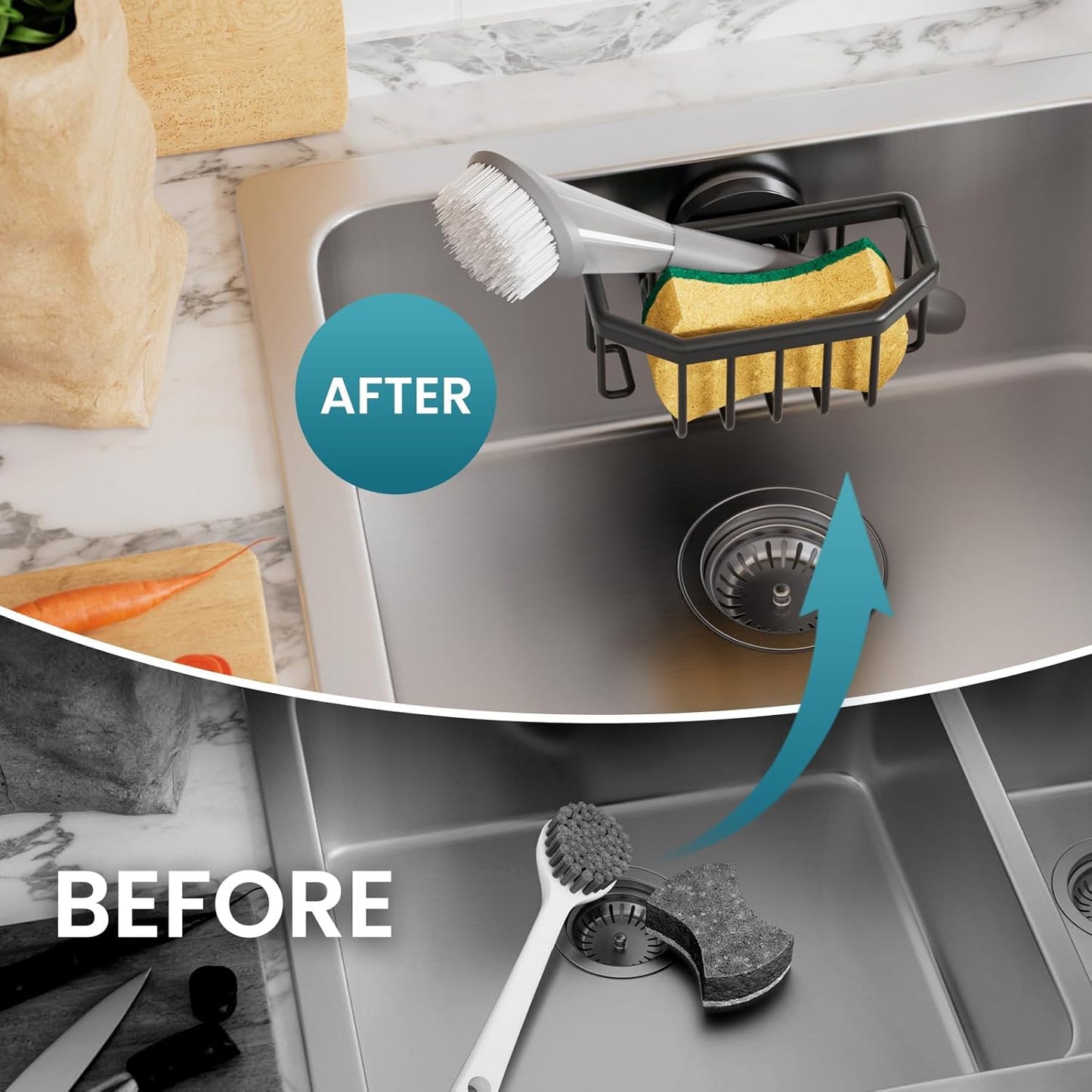 TAILI Sponge Holder for Kitchen Sink with Strong Suction Cup, Rustproof Aluminum Sink Caddy for Sponges, Brushes, Stoppers & Scrapers, Black