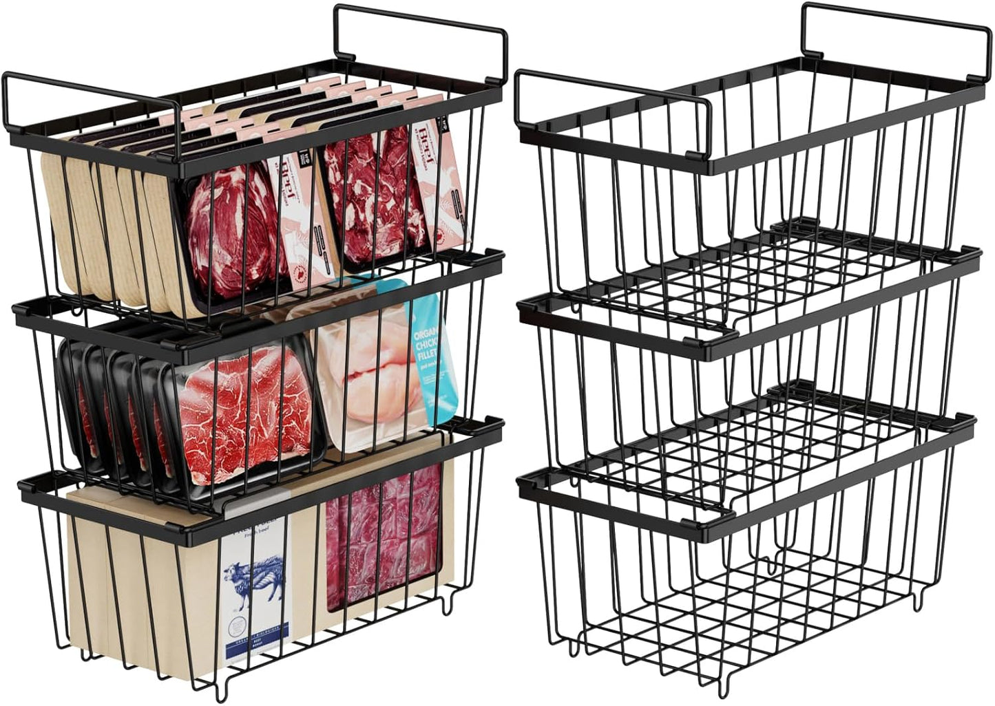 iSPECLE Deep Freezer Organizer Bins - 6 Pack Stackable Freezer Organizer Bins for 7 Cu.FT Chest Freezer Sort Food, Easy to Get Food from Bottom, Better Ventilation, Black