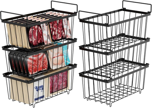 iSPECLE Deep Freezer Organizer Bins - 6 Pack Stackable Freezer Organizer Bins for 7 Cu.FT Chest Freezer Sort Food, Easy to Get Food from Bottom, Better Ventilation, Black