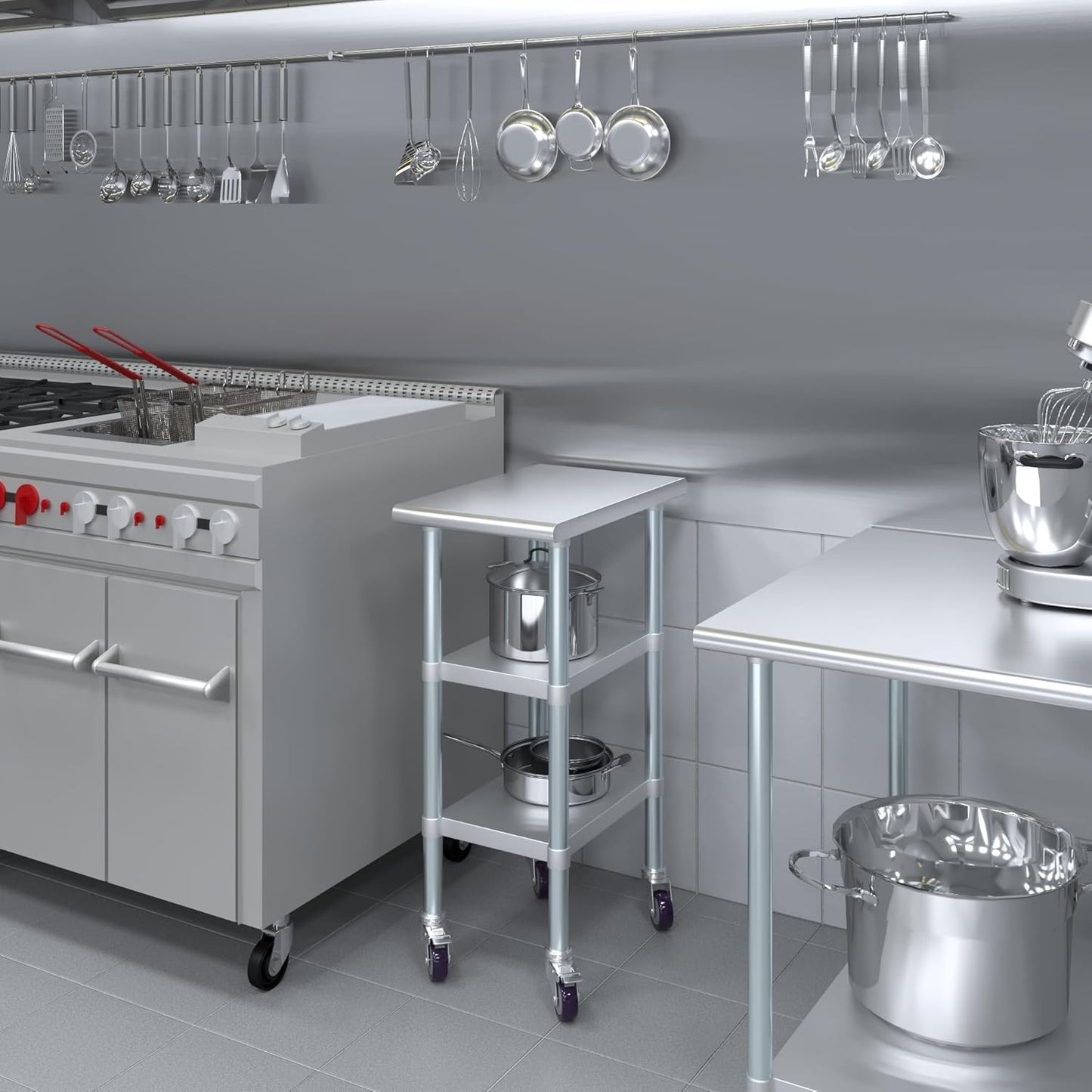 AmGood Stainless Steel Work Table with 2 Shelves and Casters | Metal Utility Table On Wheels (Stainless Steel Work Table with 2 Shelves + Casters, 15" Long x 24" Deep)