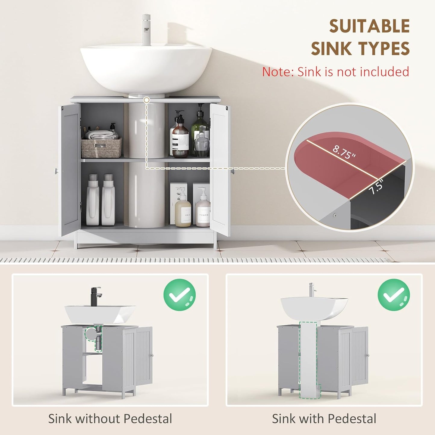 HOMCOM Under Sink Bathroom Cabinet, Pedestal Sink Storage Cabinet with 2 Doors, Shelf and U-Shape, Light Gray