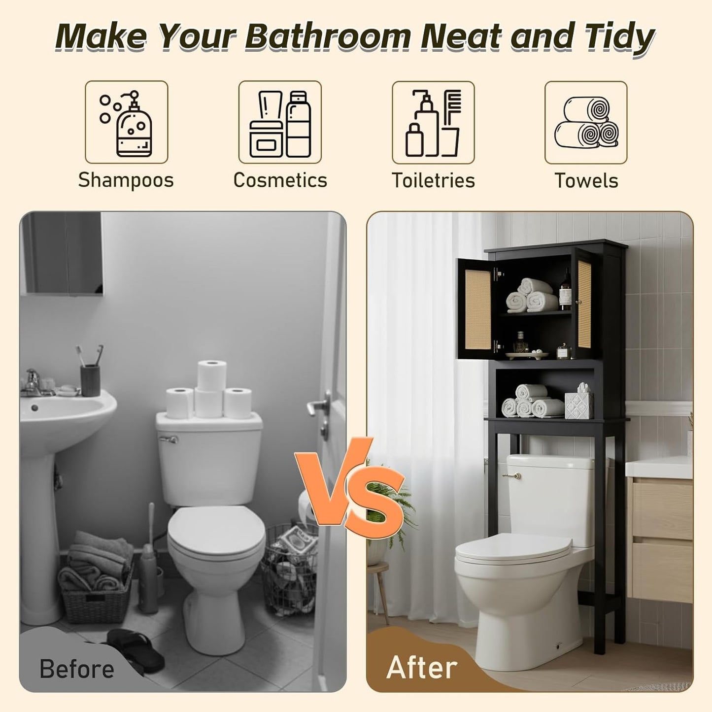 Over The Toilet Storage Cabinet, Behind Toilet Bathroom Organizer with Adjustable Shelves, Wooden Above Toilet Storage Shelf, Space Saver for Restroom, Bathroom, Laundry