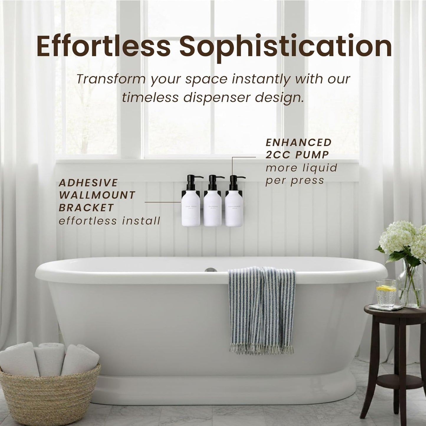 MaisoNovo Shampoo and Conditioner Dispenser - Shower Soap Dispenser Wall Mounted - 16.9 fl oz Set of 3 White Plastic Bottles Black Pump - 3 Chamber No Drill