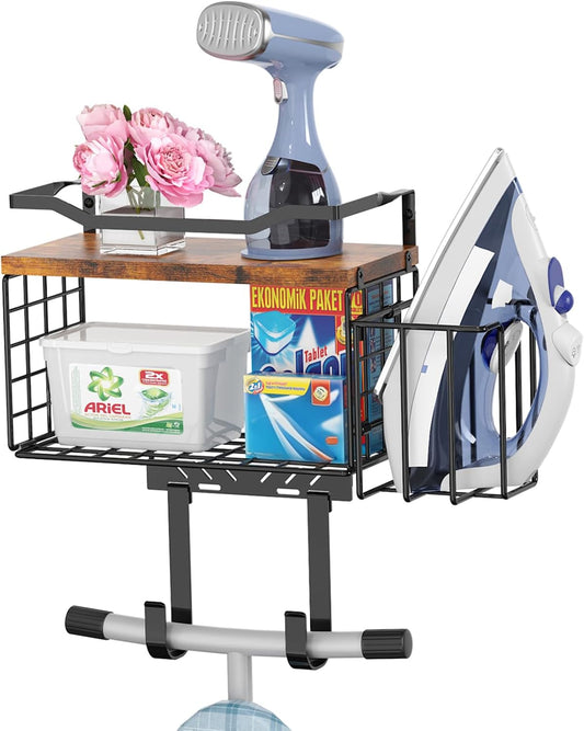 Ironing Board Hanger, T&Y Iron Board Holder Wall Mount with Ironing Caddy, Metal Ironing Board Holder Storage Organizer, Floating Wood Shelf for Laundry Room Decor Accessories Organization