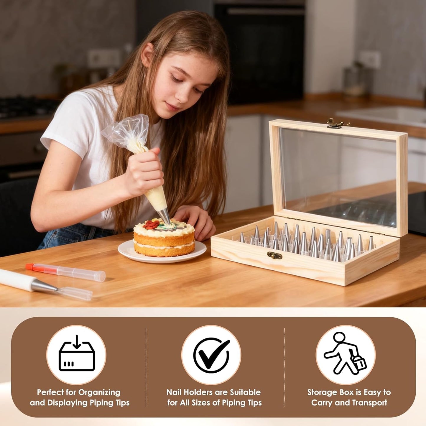 Piping Tip Organizer, Equipped with 200 Pcs of Cake Flower Nails, Holds 60 Piping Tips, Cake Decorating Tools, Baking Tools, Cake Decorating Tips Storage Box Made with Wood, Piping Tip Sold Separately