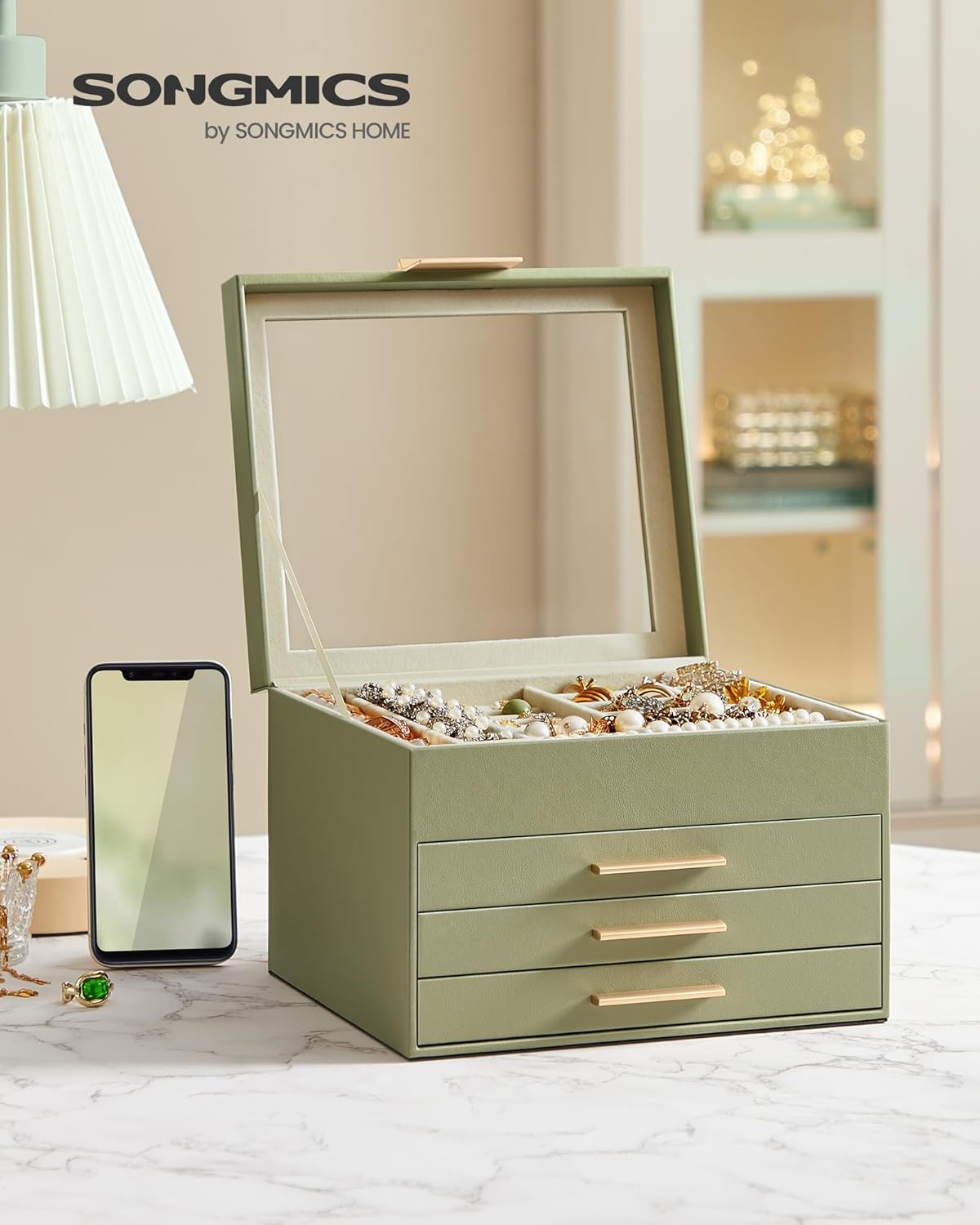 SONGMICS Jewelry Box Organizer with Glass Lid, 4-Layer Jewelry Storage, with 3 Drawers, Modern Style, Christmas Gift, 8 x 9.1 x 6.5 Inches, Avocado Green and Gold Color UJBC173C02