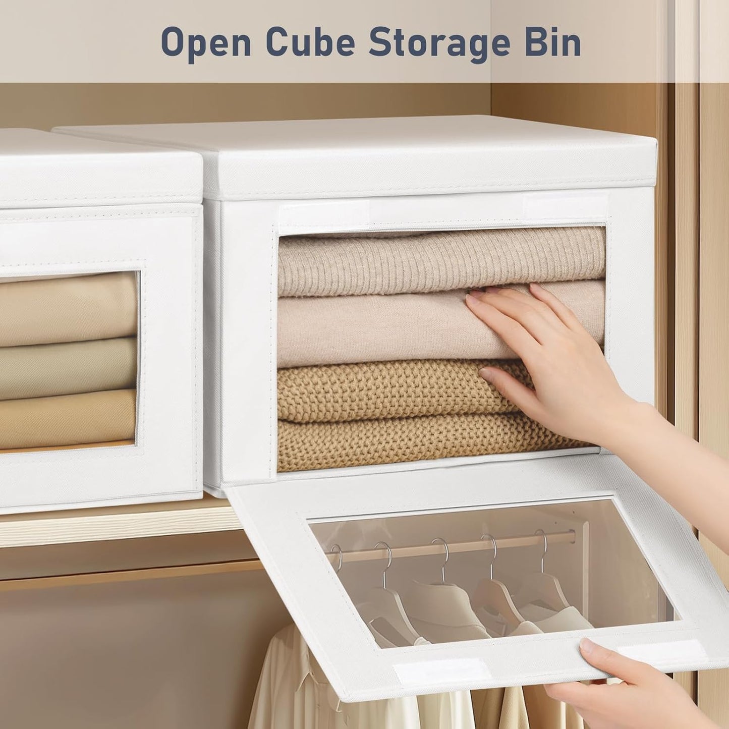 DIMJ Storage Bins with Lids - 4 Pack Large Fabric Closet Organizer with Window & Handles, Collapsible Decorative Storage Boxes for Shelves Under Bed, Books Clothes Blankets Sweaters Organization