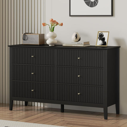 RoyalCraft Black 6 Drawer Dresser, Fluted Modern Wood Dresser, Double Chest of Drawers for Bedroom, TV Stand Storage Cabinet for Living Room