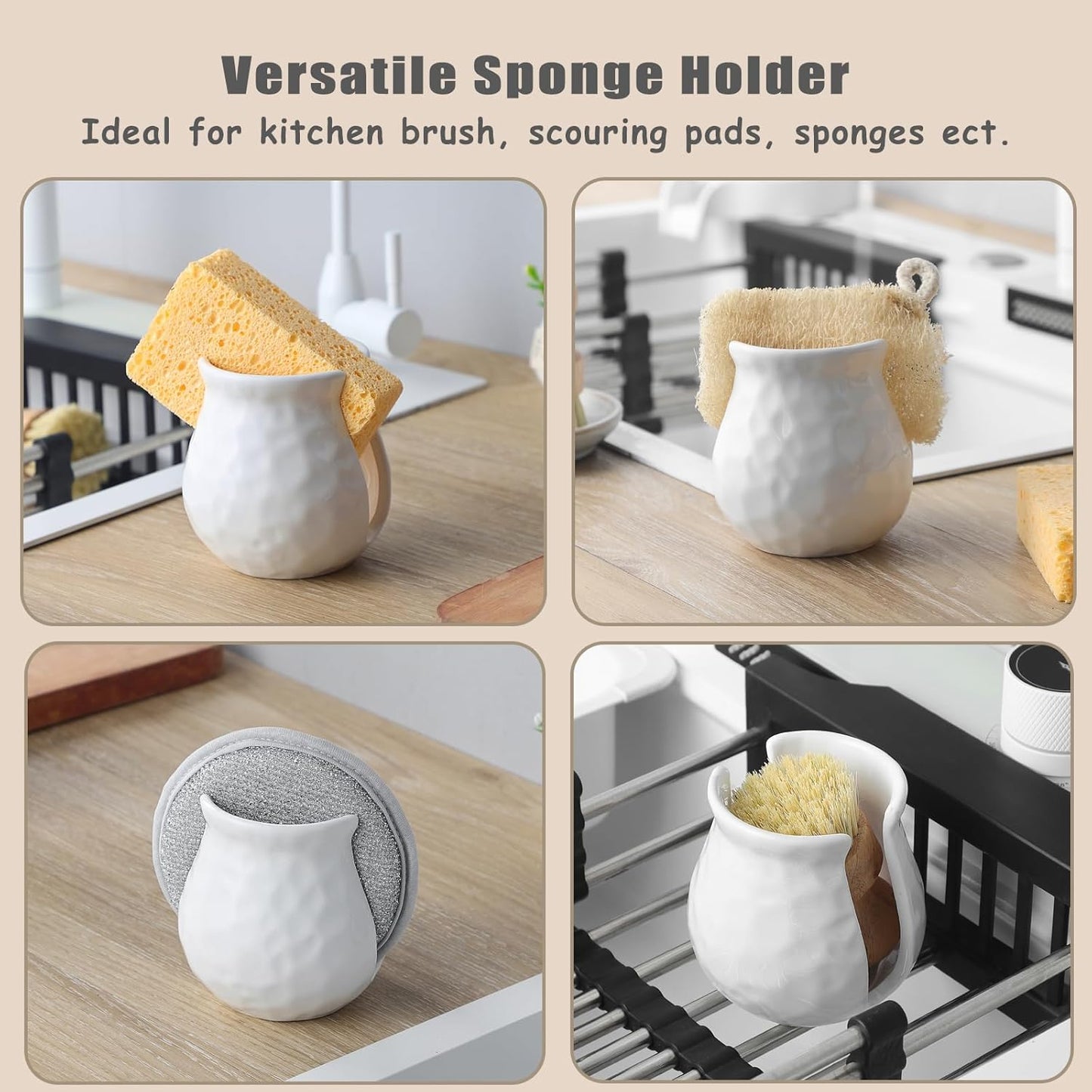 White Kitchen Sponge Holder, Ceramic Dish Sponge Holder Scrubby Daddy Farmhouse Dish Rack Brush Holder for Bathroom, Kitchen, Sink, Special White