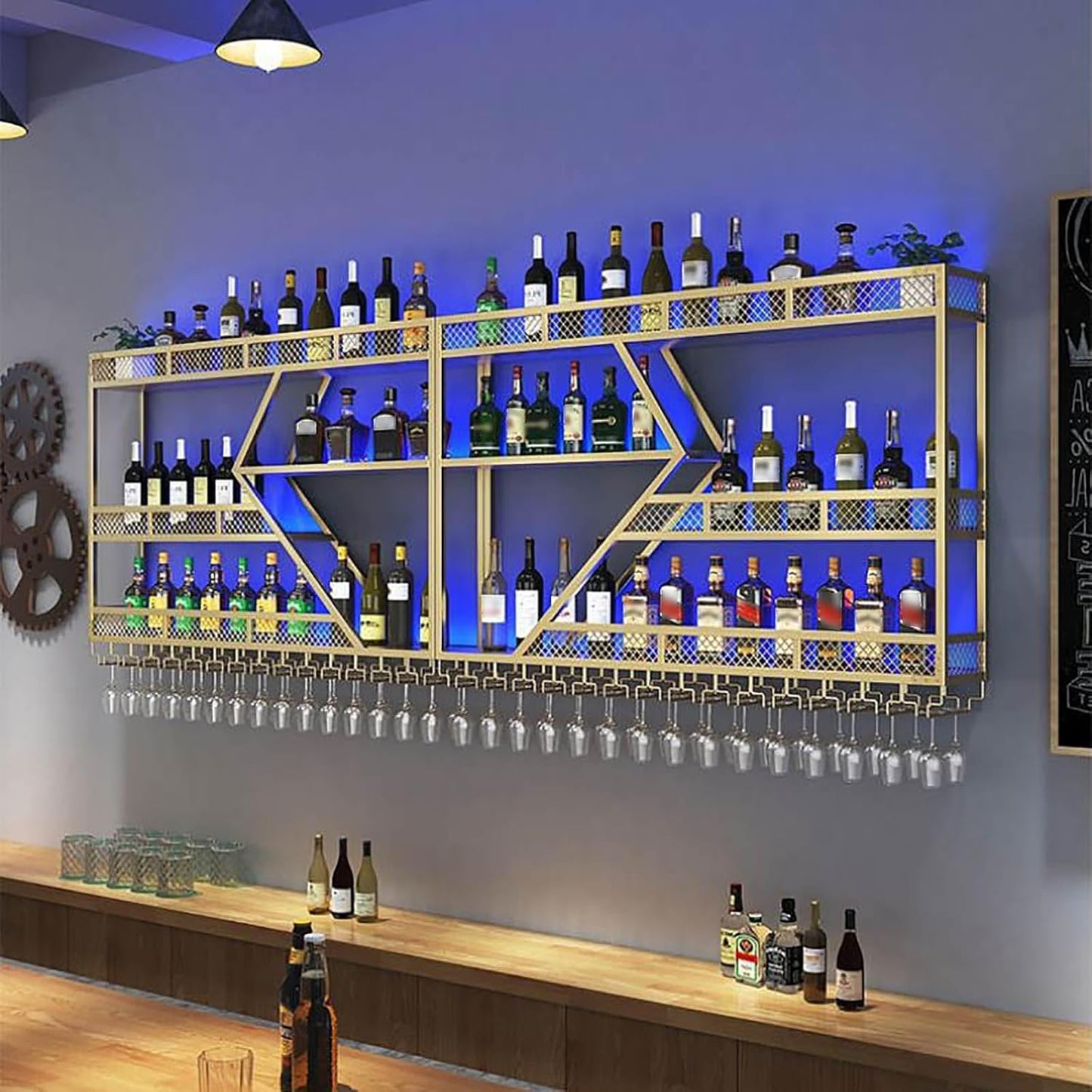 79in Large Wall Mounted Wine Rack 3 Tier Metal Wine Bottle Holder Modern Diamond Design Floating Bar Liquor Bottles Storage Rack for Home Restaurant Bar Decorative (Gold, 3 Tier - 79in)