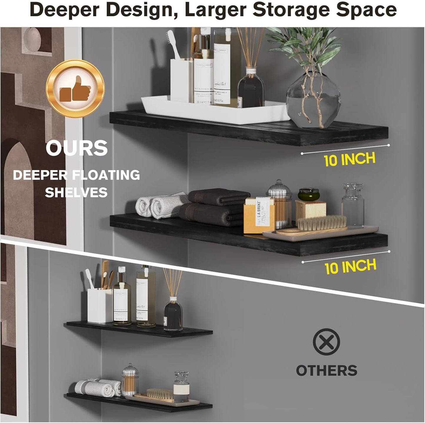 Wall Shelf Set of 3,Dark Wood Floating Shelves 24 in W x 10 in D x 1 in H, Wooden Floating Wall Shelf with Invisible Brackets for Living Room/Bedroom/Bathroom/Kitchen Storage and Decor