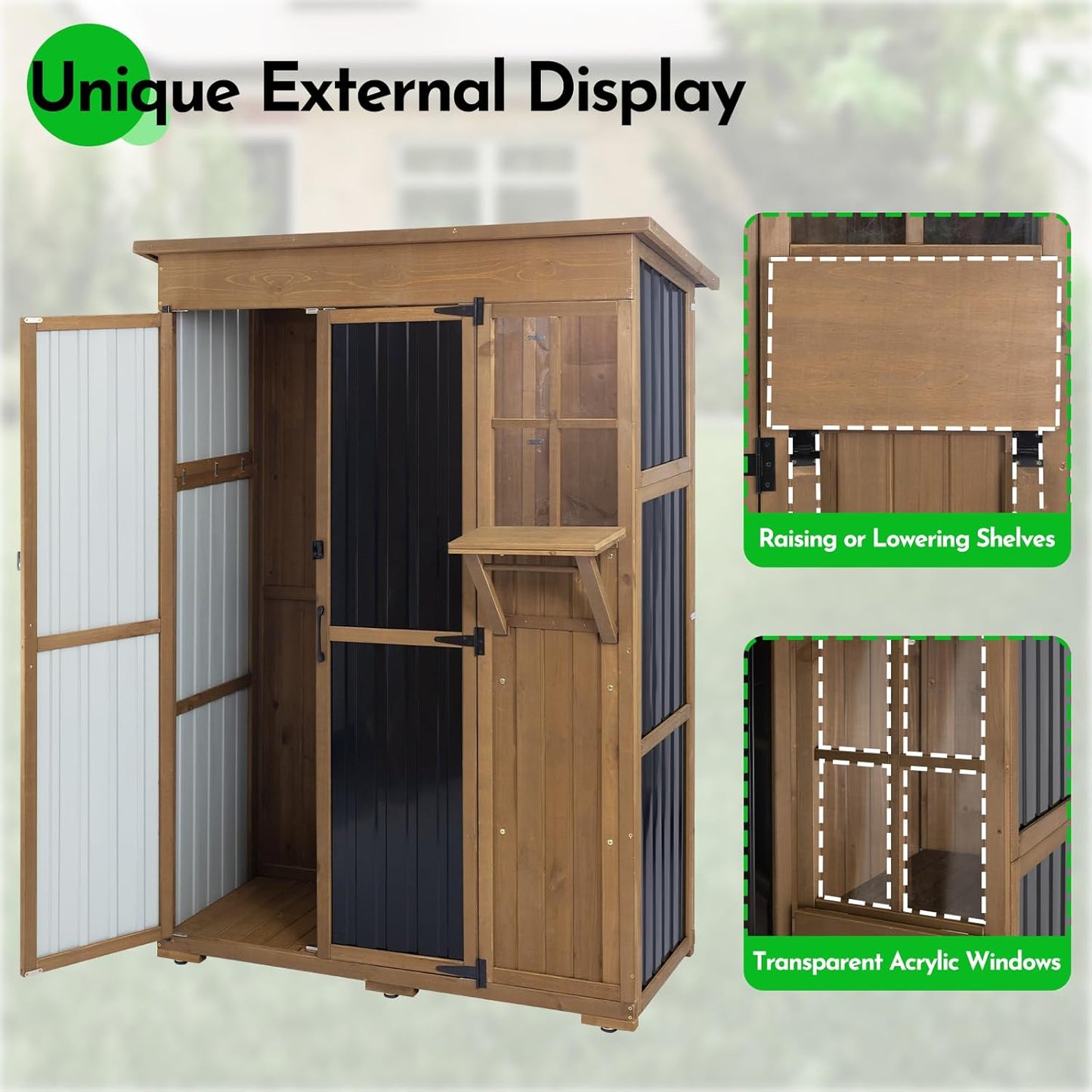 Large Storage Shed, Wood & Metal Outdoor Storage Cabinet with External Foldable Table,Waterproof Roof,Three Shelves, Outdoor Cabinets for Patio Backyard, Garden Garage Tool Shed, Brown