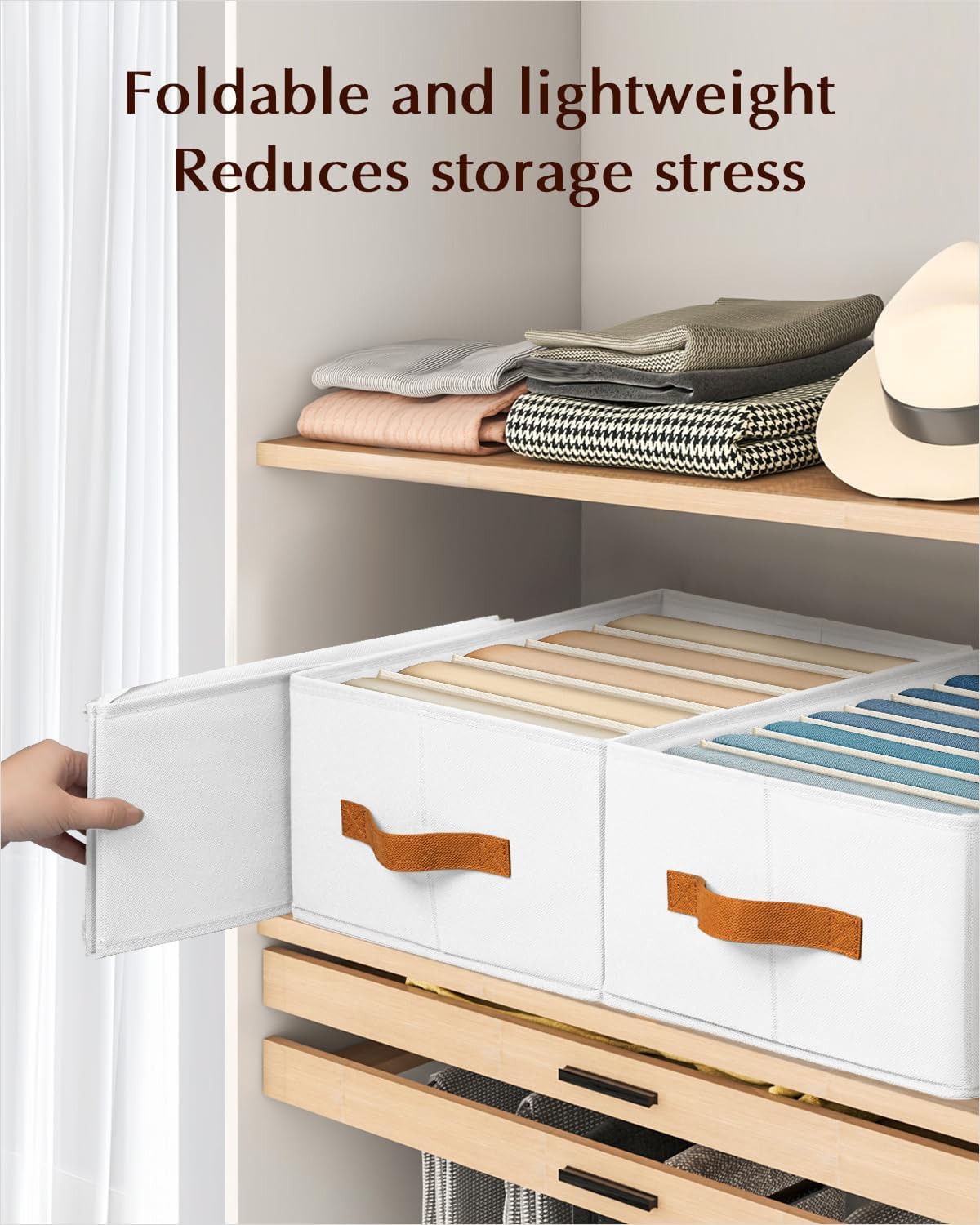 Clothes Organizers and Storage - 4/5/7 Grids Fabric Jeans Organizer with Handles, Foldable Closet Organizers Dividers, Wardrobe organizer for Pant, Sweater, T-shirt, Scarf, 3 Pack, White