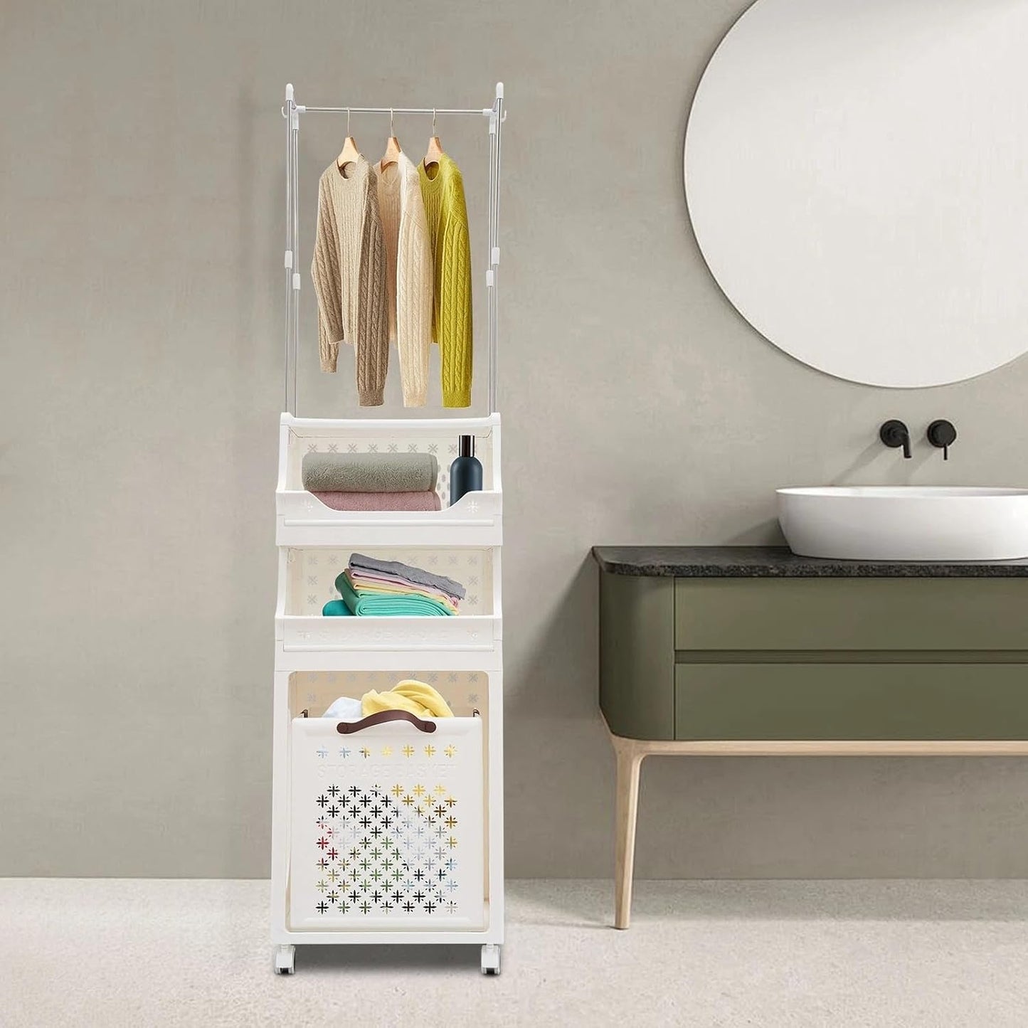 Laundry Hamper Cart, 4 Tiers Laundry Hamper Trolley, Laundry Basket, Rolling Laundry Organizer with Hanging Rack, Storage Basket with Wheels for Laundry Room