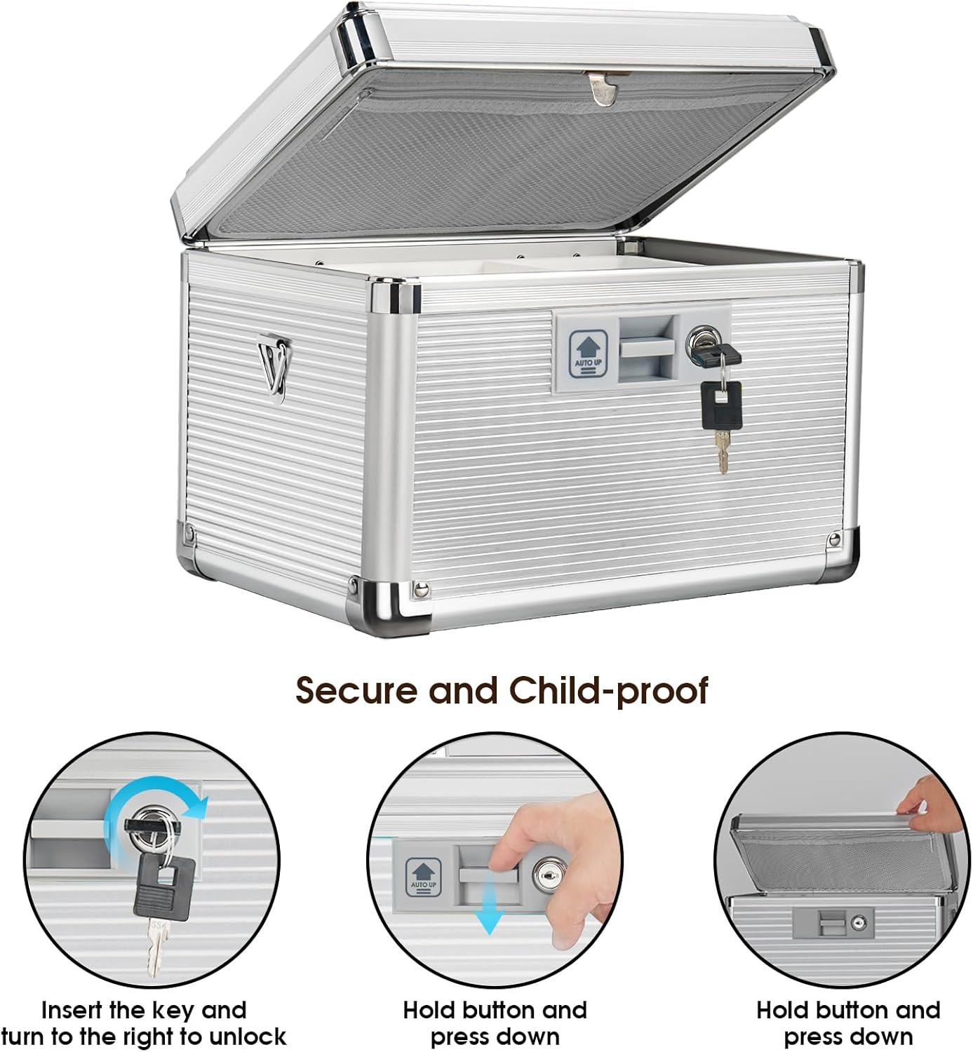 Medicine Lock Box with Key, Alluminum Alloy Box for Medication,First Aid Box with a Removeable Tray to Store Medicines & Pills for Home, Silver 12 * 7.68 * 7.87 Inch