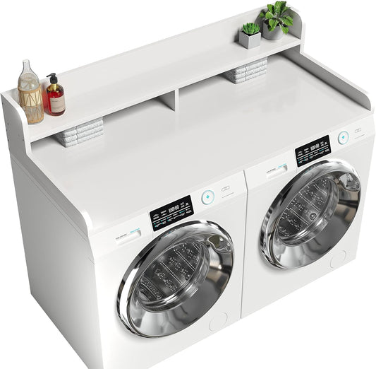 2-Tier Washer Dryer Countertop with 2.75" H Edge Rails, 58" W x 28" D Laundry Countertop for Folding Clothes, Washer and Dryer Topper with Non-Slip Pad (White)