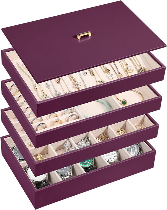 Voova Stackable Jewelry Organizer Tray with Lid, PU Leather Jewelry Storage Holder for Drawer Inserts, Jewellery Display Box Case for Earring Necklace Ring Watch Bracelet (Set of 4, Purple)