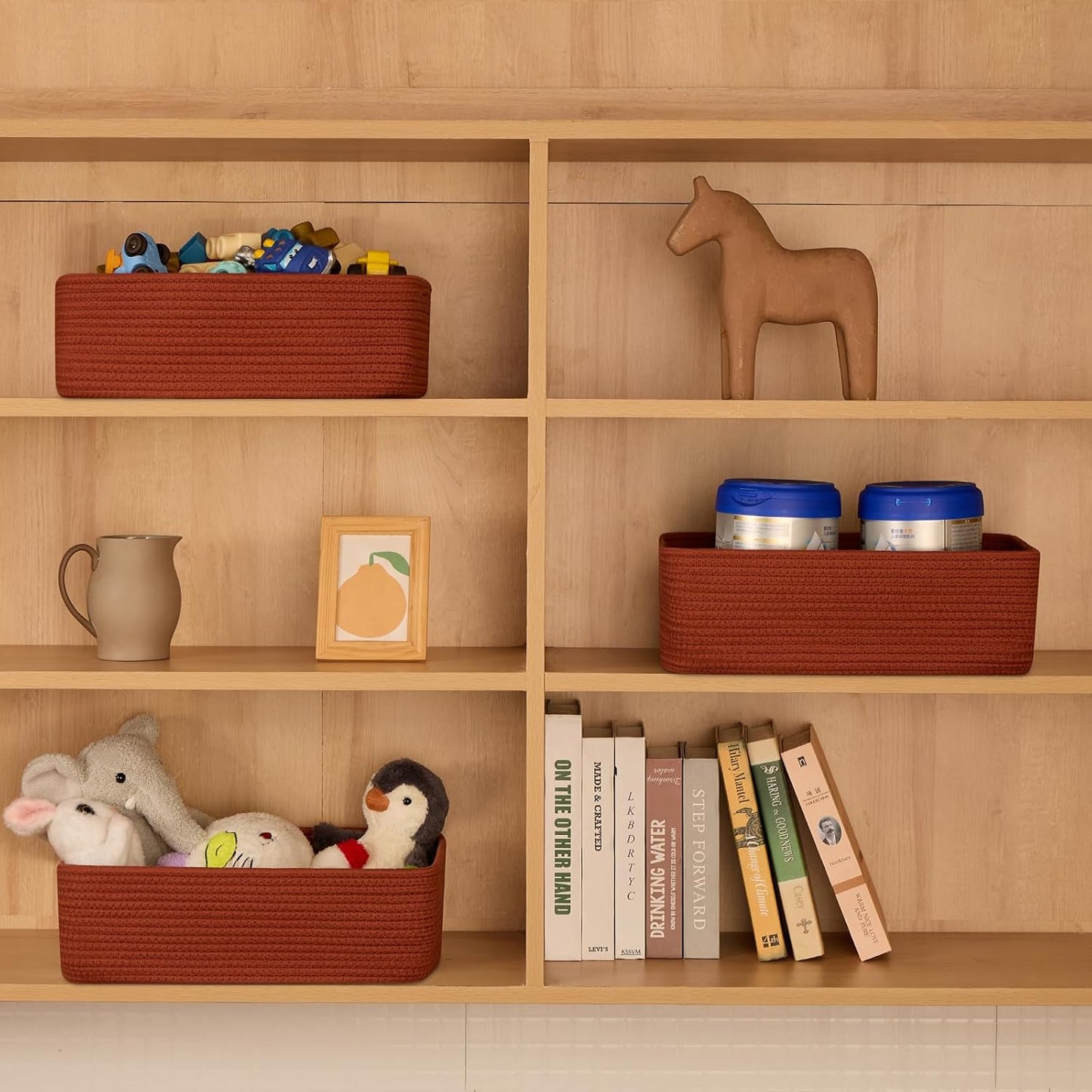 Large Shallow Organizing Baskets 15x11x5.1 Inches - Rope Woven Storage Bins for Bathroom, Shelves, Cube Closet, Red 3 Packs