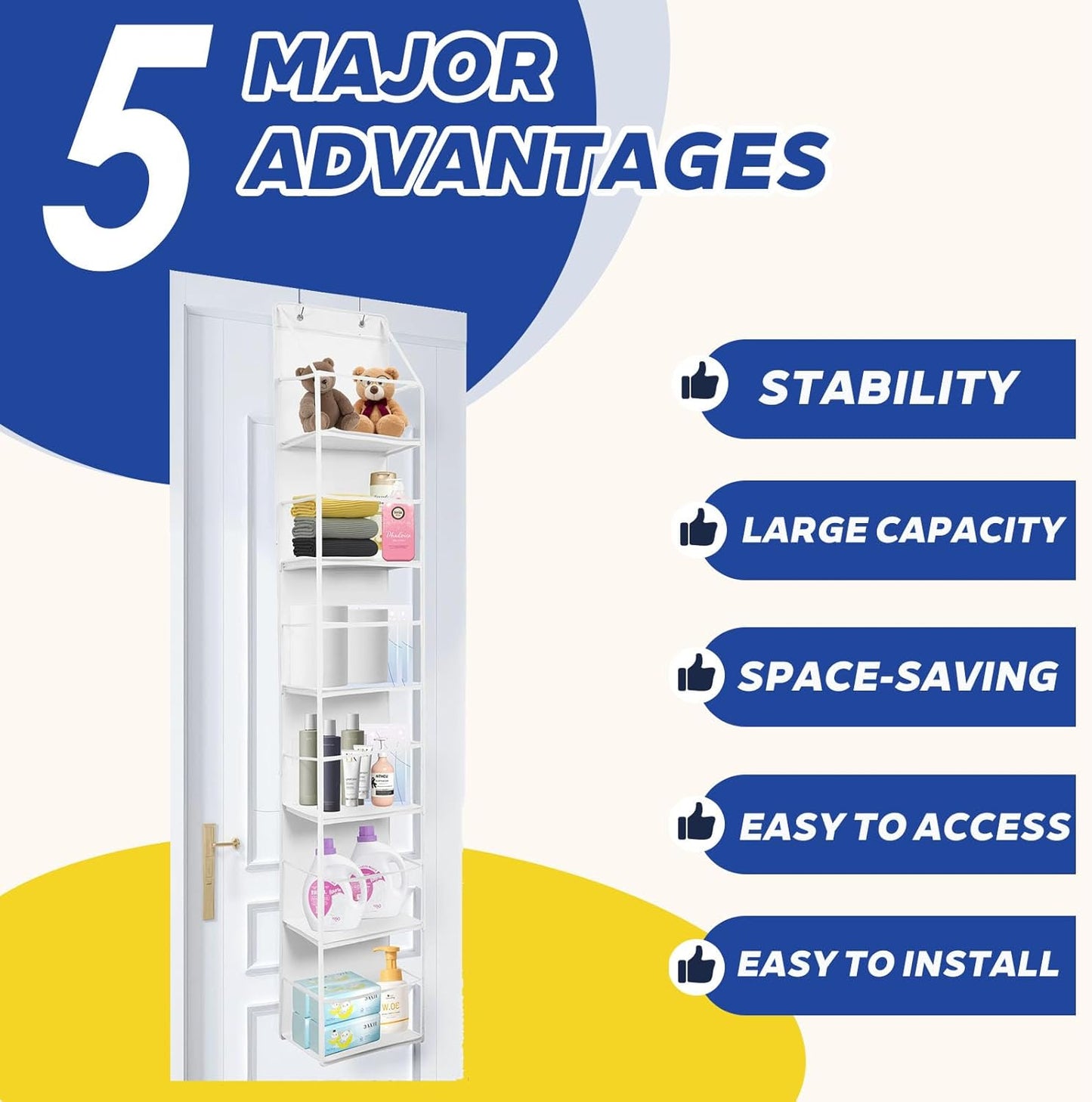 6-Tier Over The Door Hanging Organizer - Multi-Purpose Closet Storage Shelf for Bathroom, Bedroom, Nursery, Pantry(White)