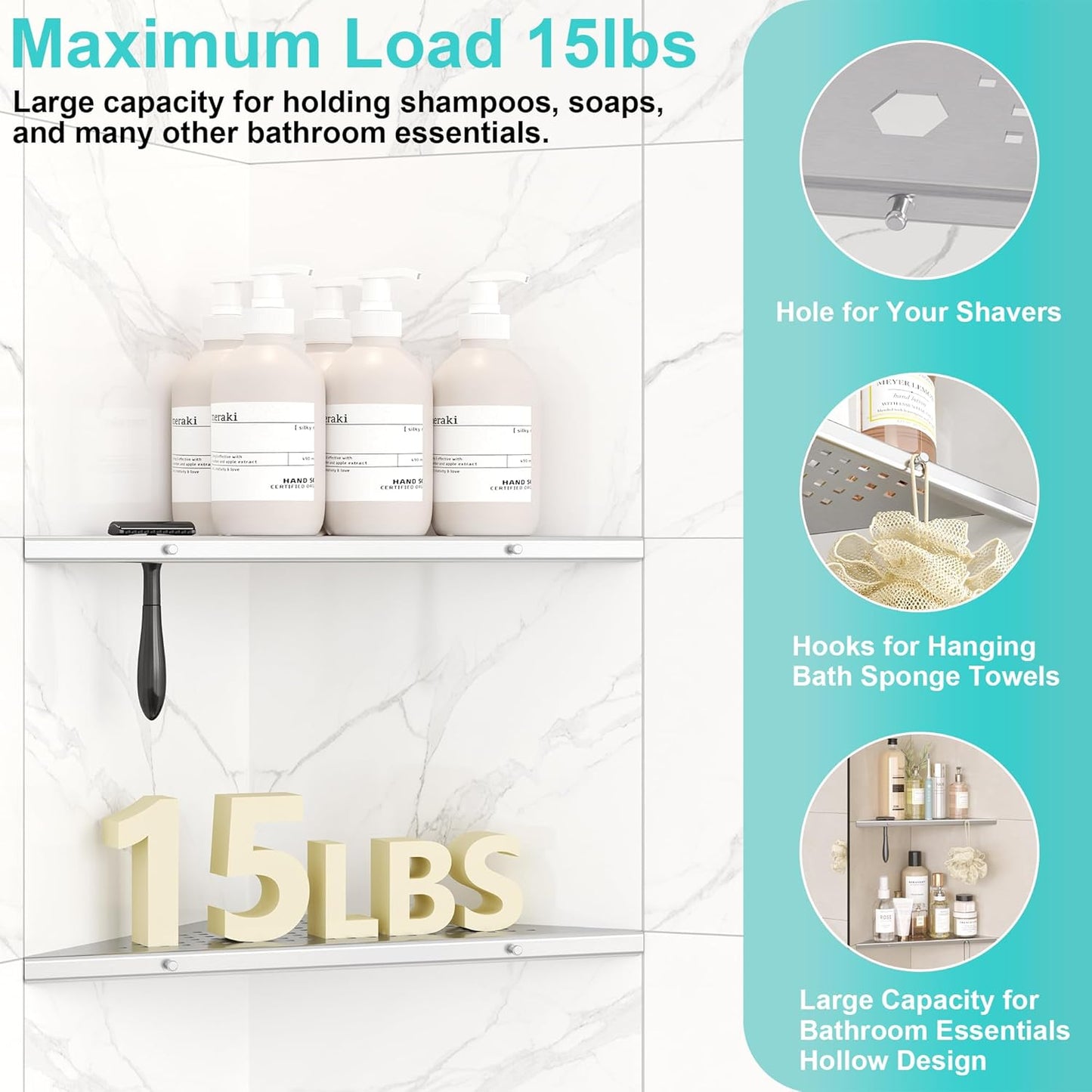 10" Bathroom Corner Shelf, 2 Pack Recessed Shower Shelf Caddy, SUS304 Stainless Steel Shelf Wall Mount Triangular, No Drilling Brushed Nickel
