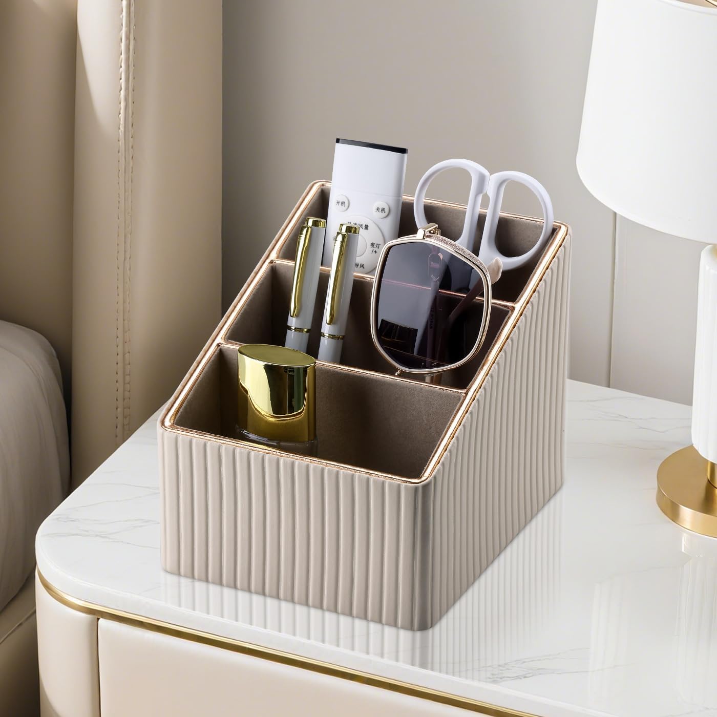 KINGFOM 3 Slot PU Leather Remote Controller Holder, Home Sundries Storage Box, TV Guide/Mail/CD Organizer/Caddy/Holder with Free Cable Desk Organizer (Dark Beige)
