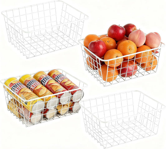 4 Pack White Wire Baskets for Pantry, 11" Upright Wire Freezer Storage Bins with Handles, Small White Metal Storage Basket for Freezer Organizing Office Kitchen Closets
