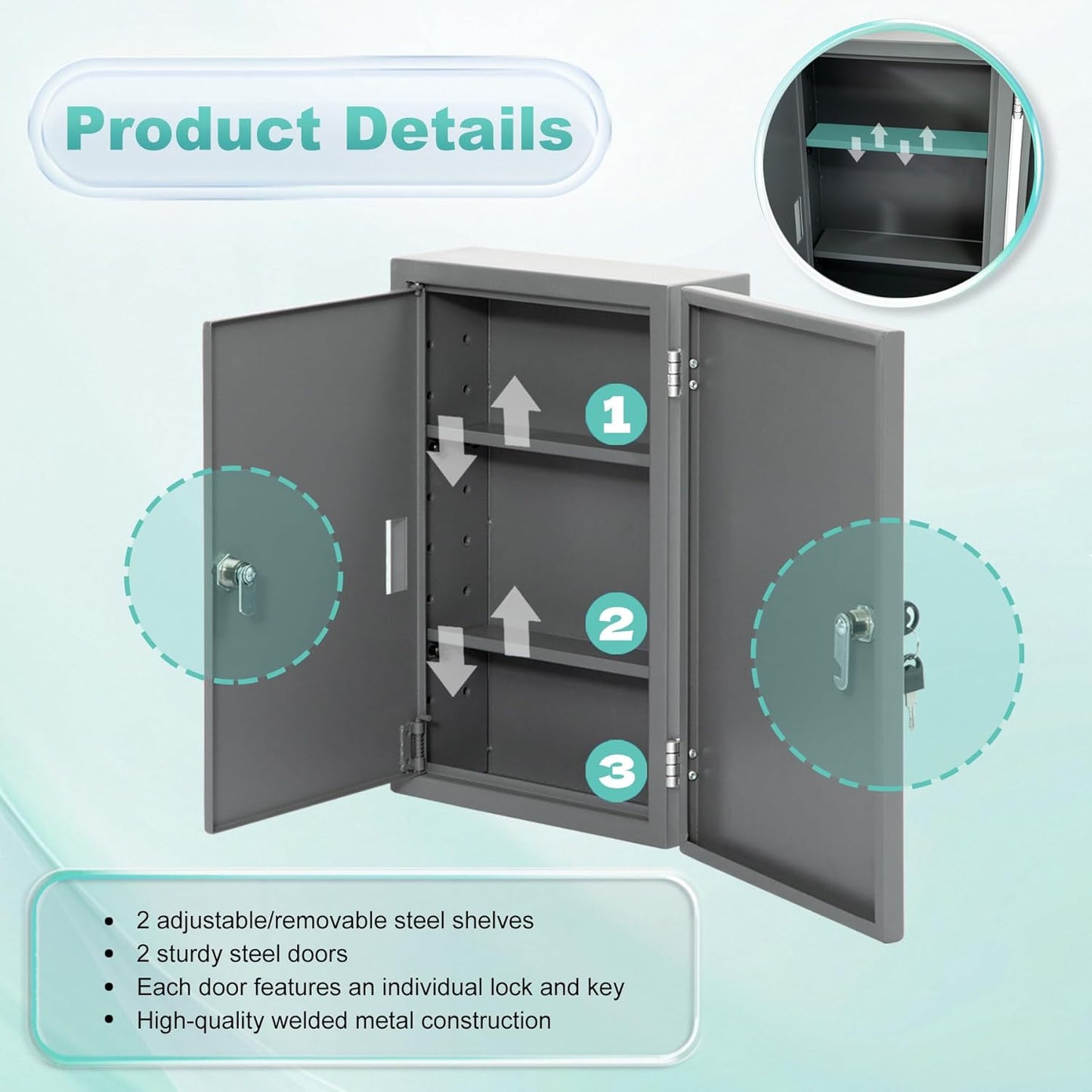 biosp First Aid Wall Mount Medicine Cabinet with Lock, Steel Drug Cabinet with Double Door, Locking Narcotics Safe, 3 Tier Emergency Box, Secure Steel Lock Box for Medication, Grey