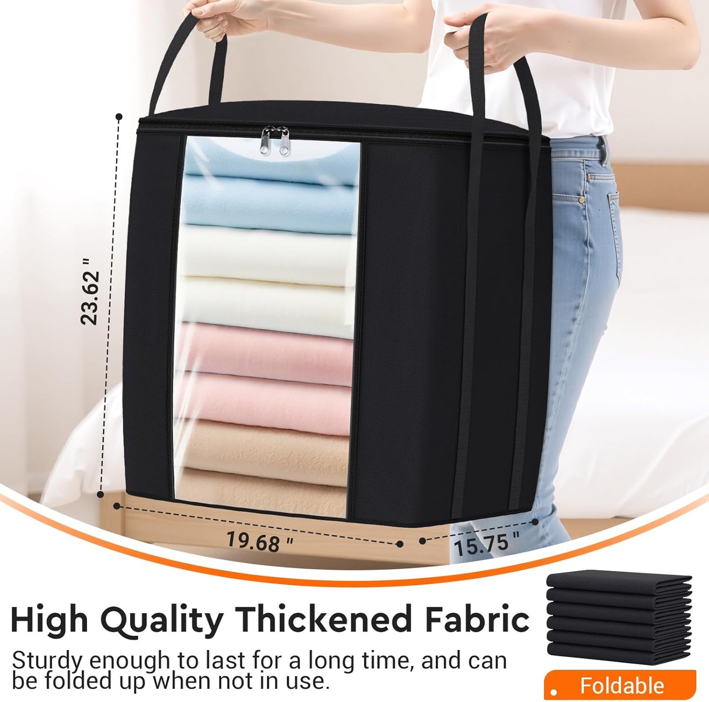 120L Extra Large Clothes Storage Bags, Foldable Blanket Storage and Organization, Thick Fabric Containers with Reinforced Handles & Zippers for Clothing, Comforters, Bedding, Black, 6 Pack