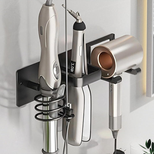Hair Dryer Holder Wall Mounted,Blow Dryer, Curling Iron, Straightener Holder 3 in 1 Bathroom Metal Hair Tool Organizer Rack-BLACK-2