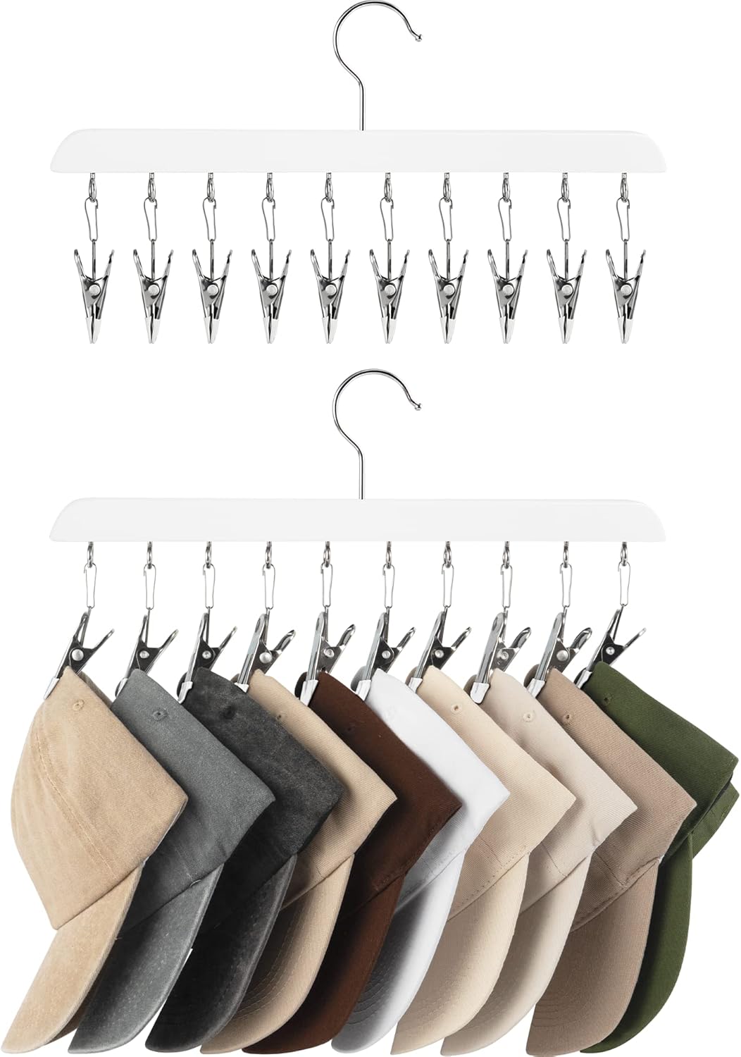StorageWorks Hat Rack, Closet Organizer and Storage for Baseball Caps,Set of 2 with 10 Adjustable Stainless Steel Clips, Fits All Caps, White