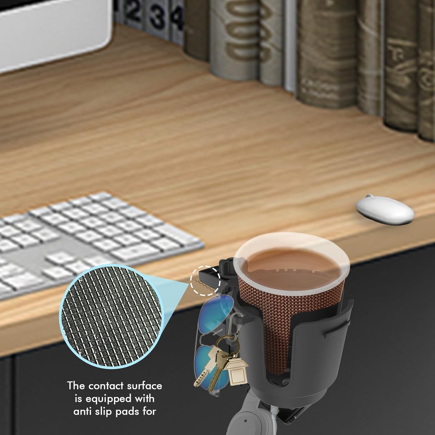 2-in-1 Upgraded Desk Cup Holder, Anti-Spill Table Cup Holder for Water Bottles, Wheelchairs, Workstations, Gaming Desk Accessories. (Black, Large)