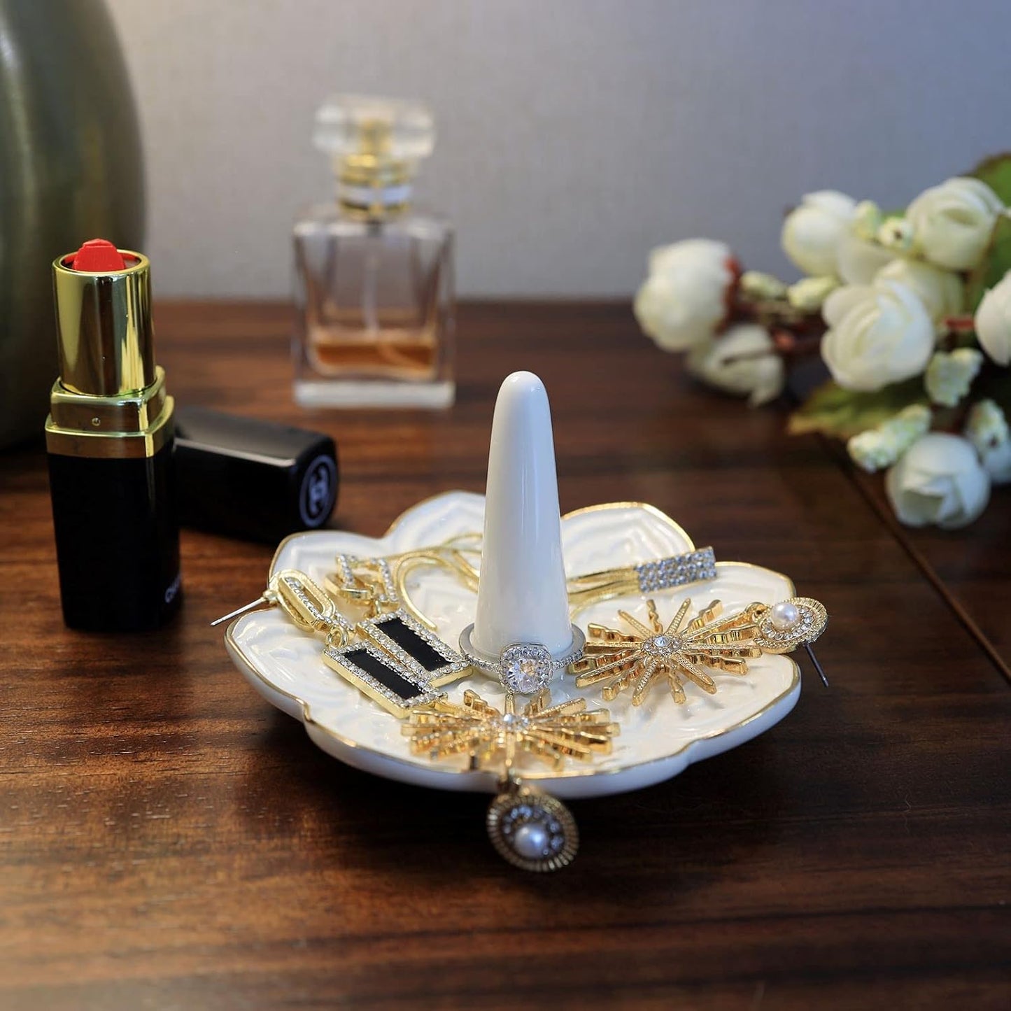 Ceramic White Mandala Jewelry Holder Decorative Ring Holder/Trinket Tray Engagement Wedding Birthday Gifts for Women Her