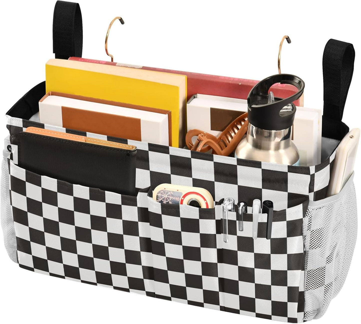 Checkered Black Bedside Caddy for Dorm Bed Bedside Hanging Caddy Bag Iron Frame Storage Organizer Pocket for Bunk Home College Hospital Beds 2 Hooks