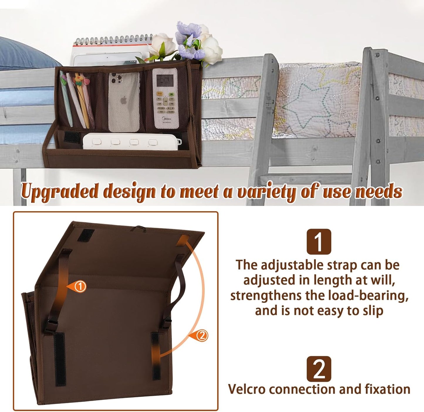 Bedside Storage Organizer with Power Strip Holder and Adjustable Straps Bed Hanging Bag for Home Bunk Bed Dorm Sofa (Brown)