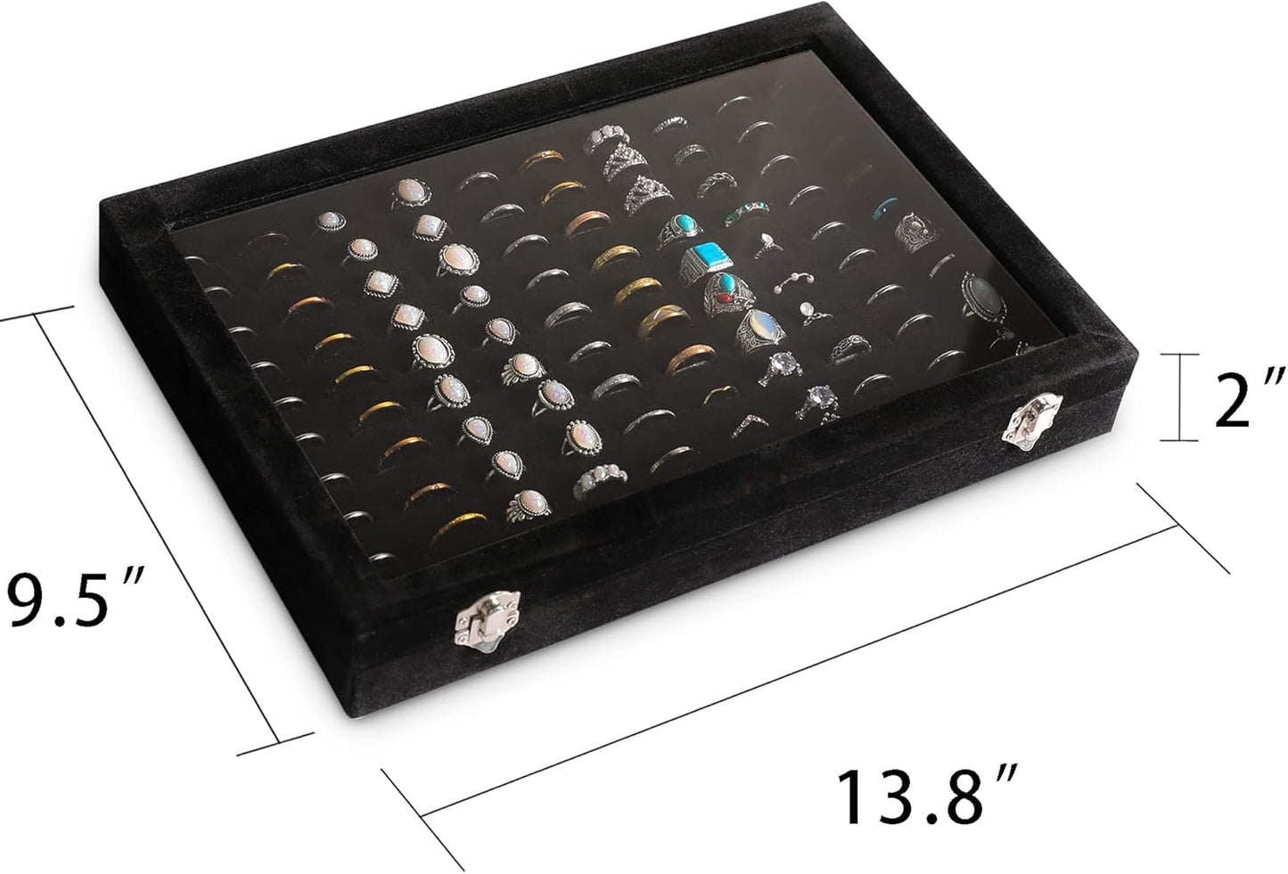 Frebeauty Ring Organizer Tray 100 Slots Ring Holder with Clear Lid Velvet Storage Box Jewelry Tray for Jewelry Store Earring Display Case for Jewelry Show Studs Box for Women(Black)