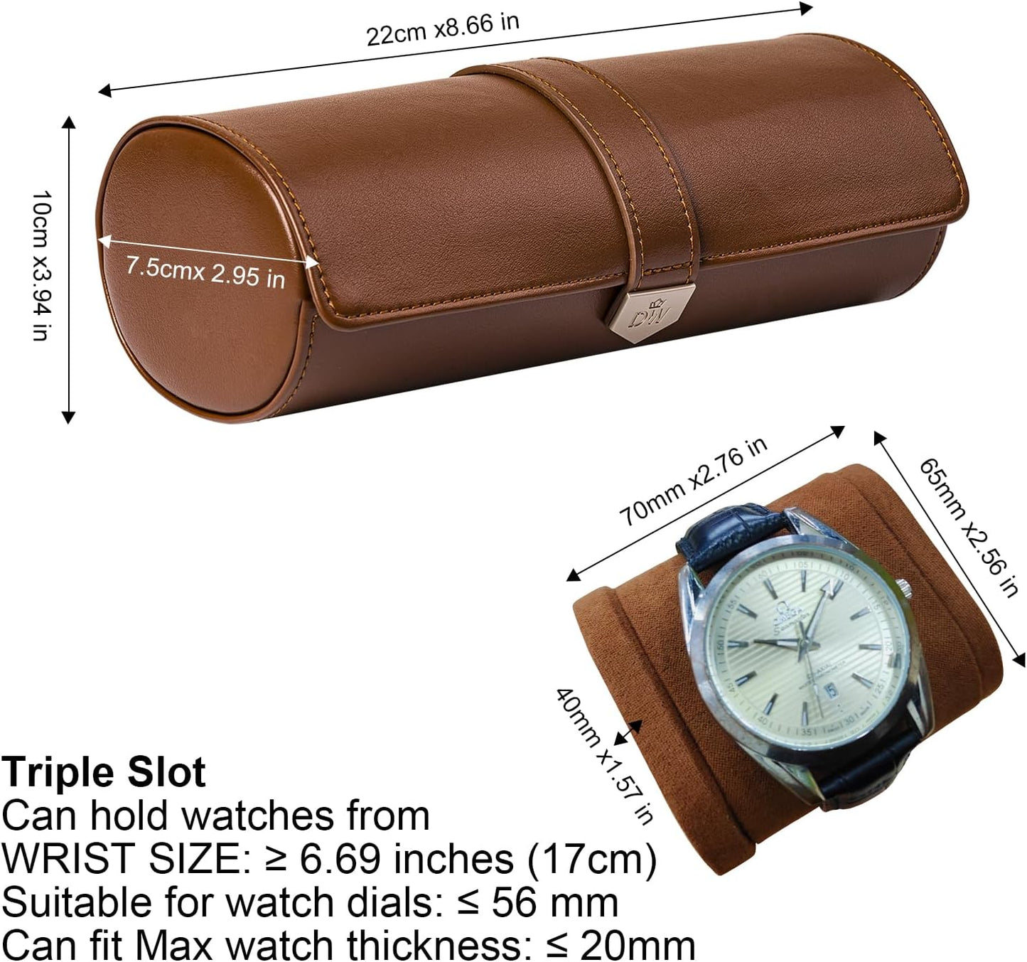 DUKWIN Watch Roll for 3 Watches, Vegan Leather Travel Watch Case Organizer with Removable Pillows for Men and Women,Display Case for Watches Collection and Gift for Anniversary Birthday(Brown Storage)