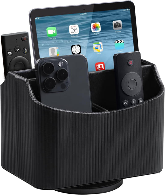 PU Leather Remote Control Holder, 360 Degree Rotating Desk Organizer Storage Table Remote Caddy, Spinning Bedside Organizer Nightstand Organizer for Desktop Office Home Black
