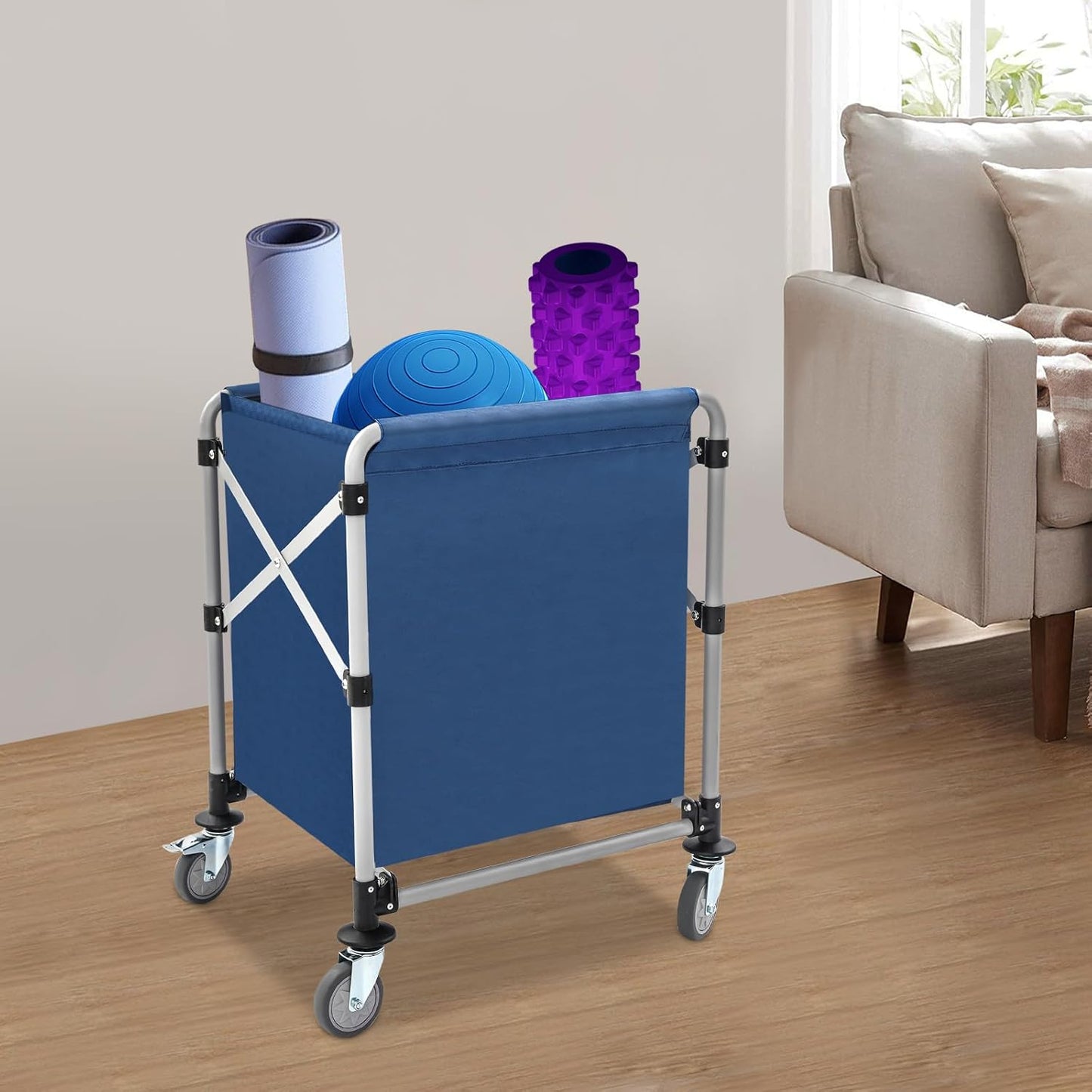Commercial Laundry Cart with Wheels,Folding Laundry Hamper Cart,Heavy Duty Rolling Laundry Basket with Large Capacity,Laundry Sorter Trolley for Home Hotel Apartment (Blue, 23.62 * 19.69 * 23.62in)