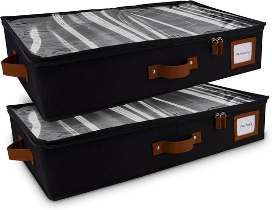 HOMELUX THEORY 2pc Under Bed Storage Containers, Bedroom Under the Bed Drawer Storage Organizer with Bins and Lids, Large Underbed Clothes Storage Box Ideal for Blanket, Fabric, & Shoes (Black)
