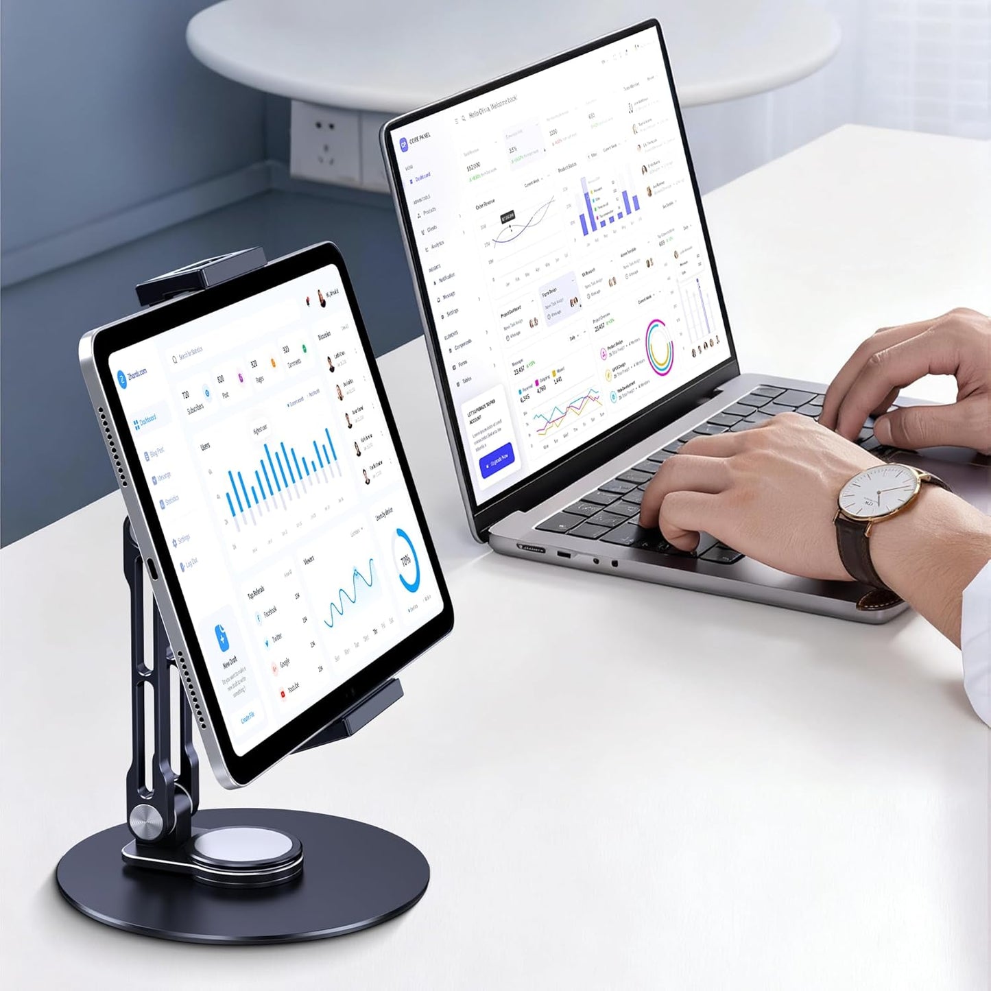 Tablet Stand Holder for iPad, Adjustable with 360 Rotating Base for Desk, Aluminum Swivel Tablet Stand Compatible with iPad Air, Mini, 10.2,9.7, Pro 11/13 and More