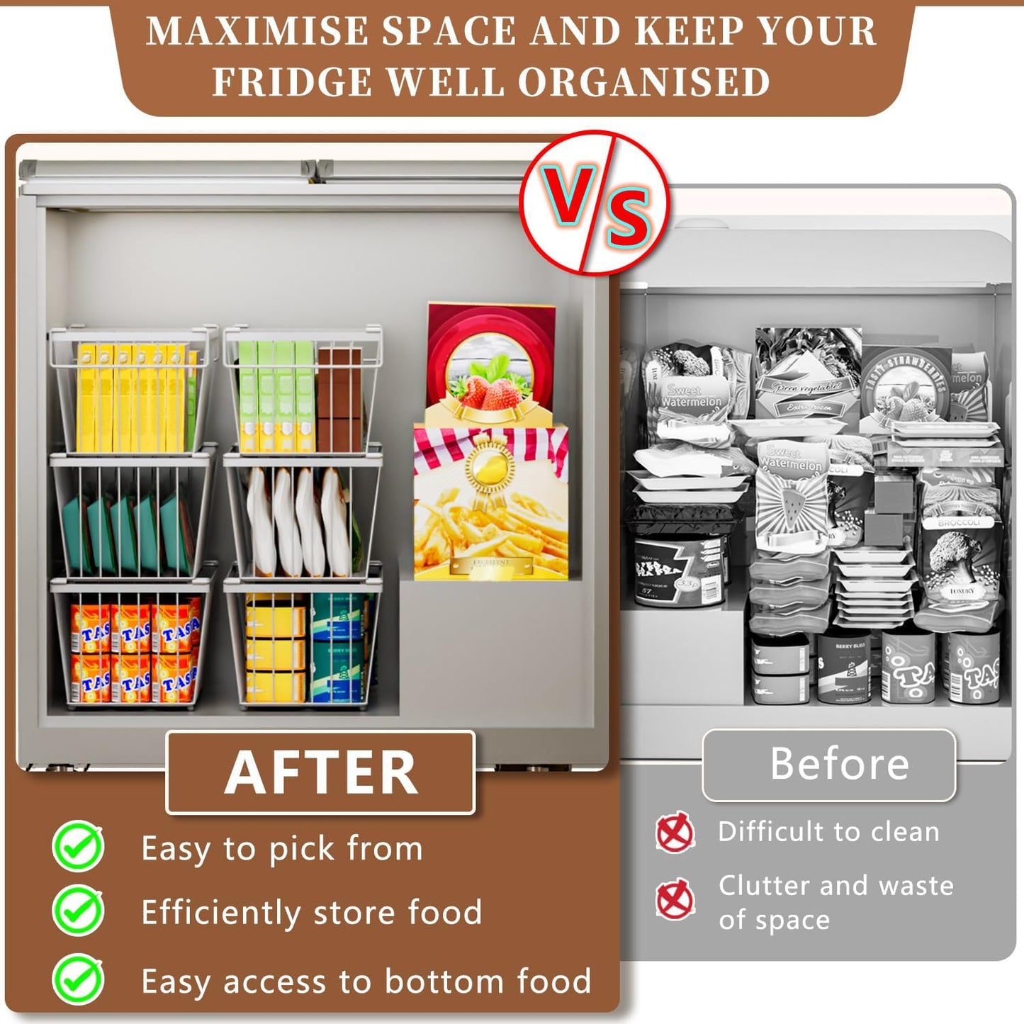 Enhanced Leak-Proof Bottom - Freezer Organizer Bins ，6 Pack Stackable Deep Freezer Organizer Bins for 7 Cu.FT Small Chest Freezer，Easy Get Bottom Foods without Digging