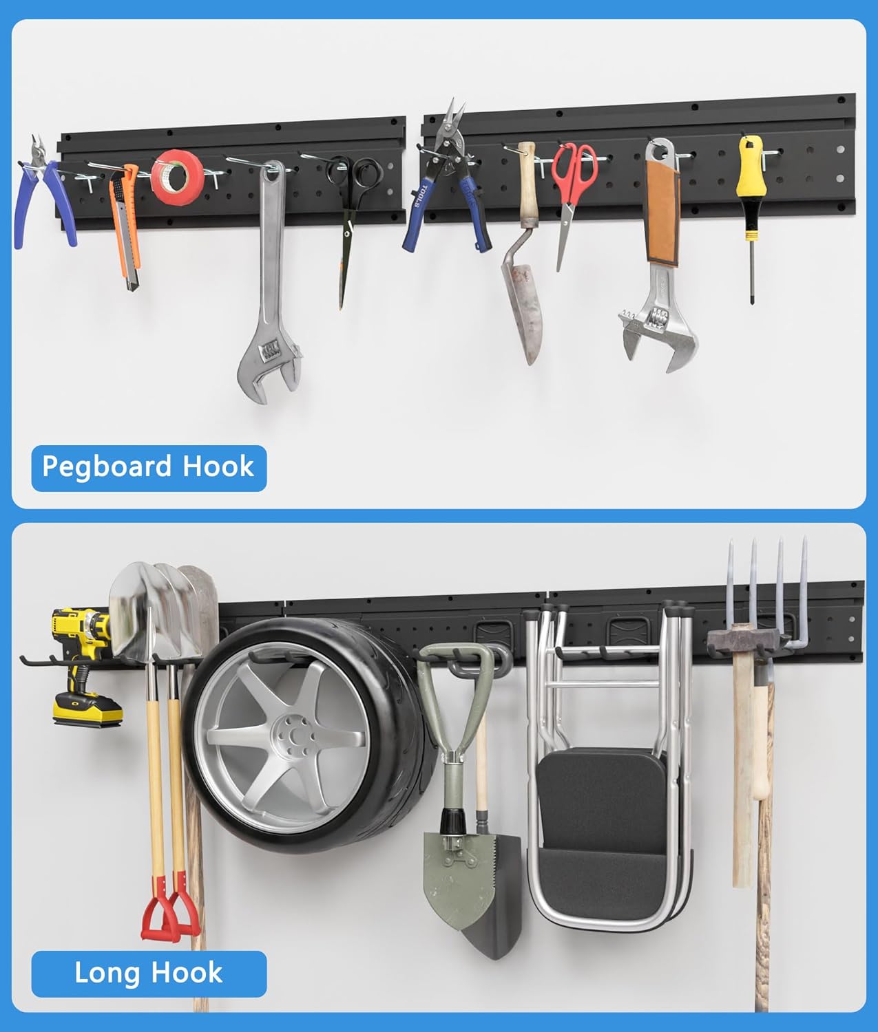 48 Inch Garage Storage Rack, Heavy Duty Wall Mount Organizer with 3 Metal Track Rails and 16 Hooks, Compatible with Pegboard and Slatwall, Black