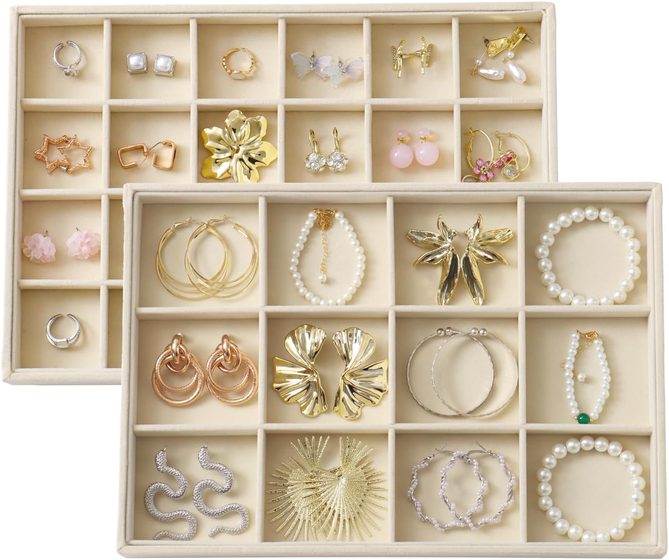 Large Velvet Jewelry Tray 2 Pack Stackable Jewelry Display Drawer Inserts Trays Organizer for Earring Bracelet Necklace Ring (Beige, 12 Grids+24 Grids)