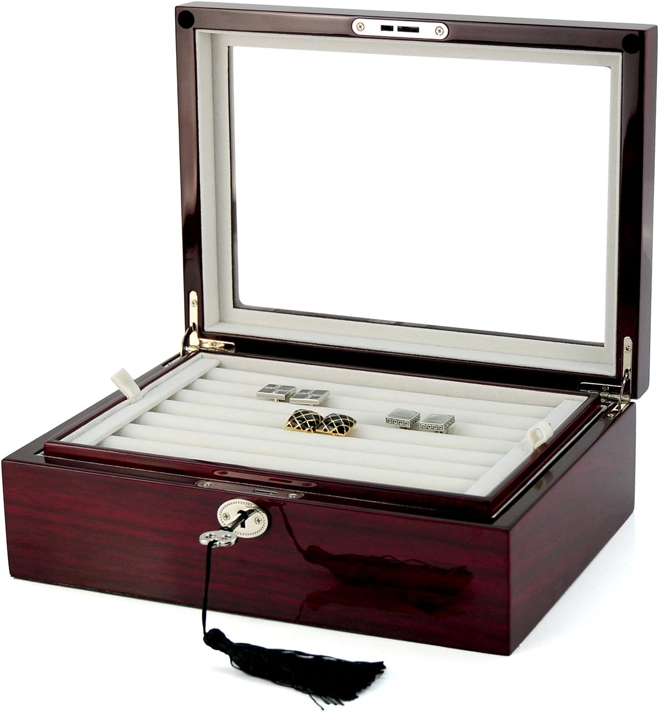 Deluxe Jewelry Cufflinks Collector's Storage Presentation Box Case Mahogany Double-Decker Gift