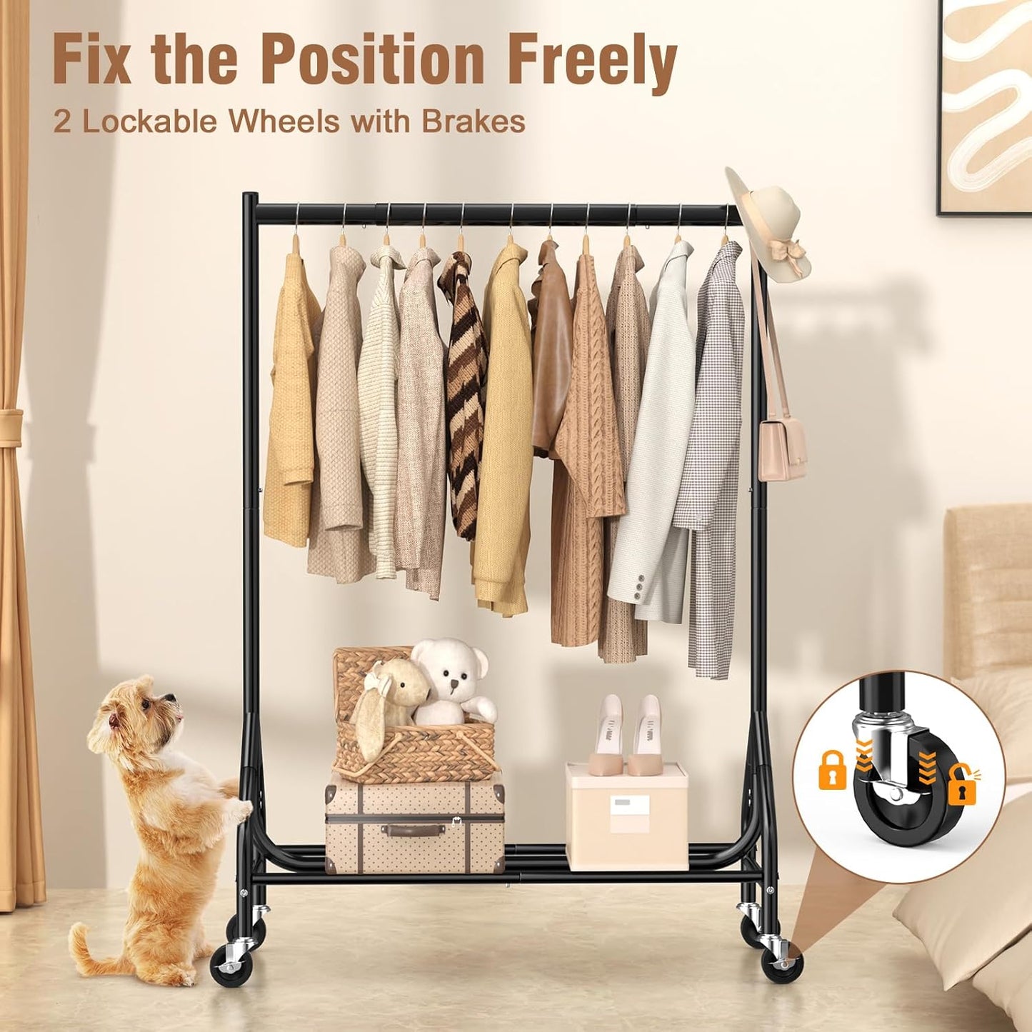 EAGMAK Heavy Duty Clothes Rack Load 420 LBS, Rolling Garment Rack with Lockable Wheels, Standing Metal Clothing Rack with Shelves, Portable Wardrobe Sturdy Coat Rack for Hanging Clothes (Black)