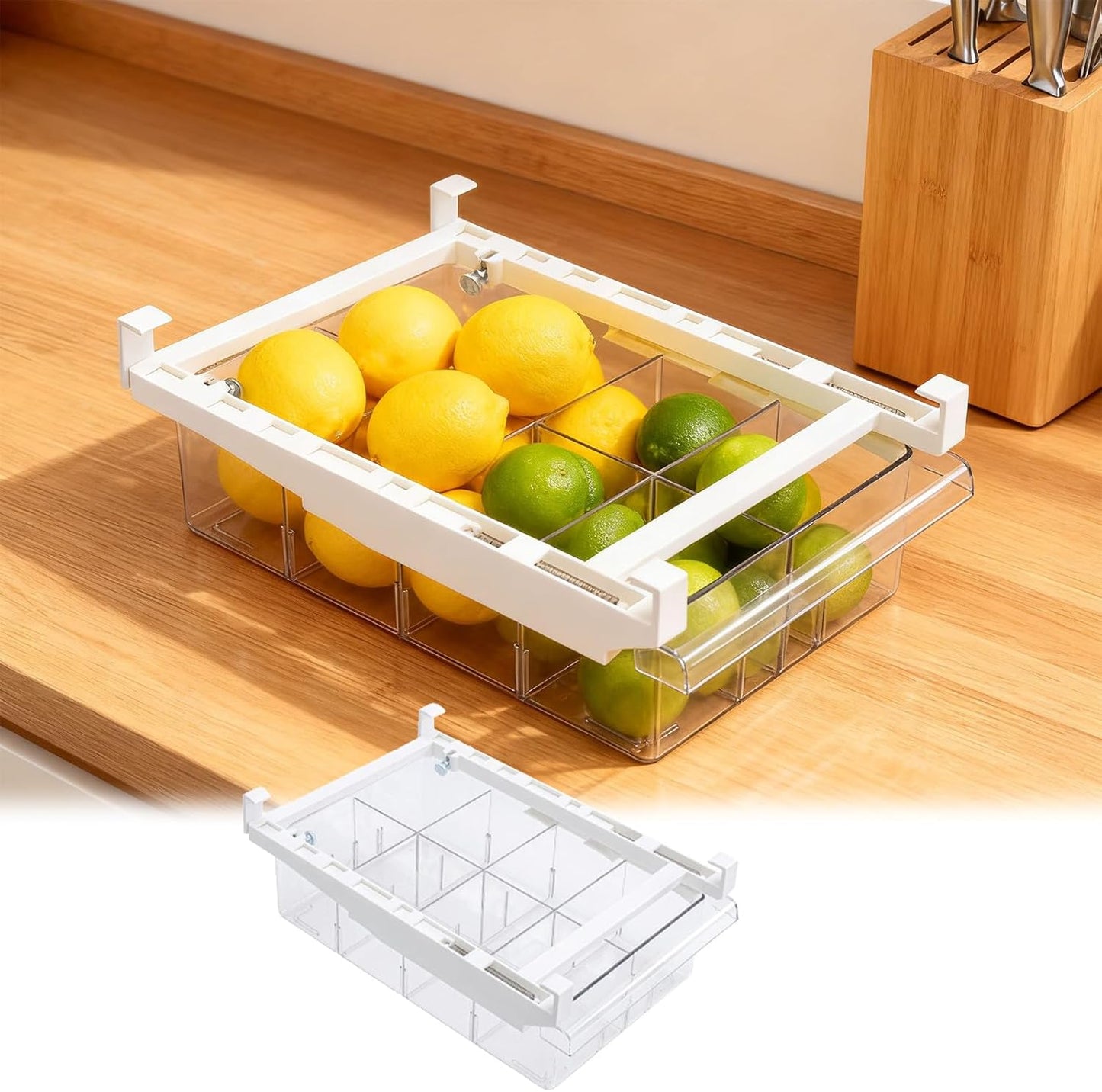 Fridge Drawer Organizer, Refrigerator Organizer Bins, Pull Out with Handle, fridge drawer organizer for Deli Meat, Cheese, Produce and More, Stretchable and Deep Storage (White)