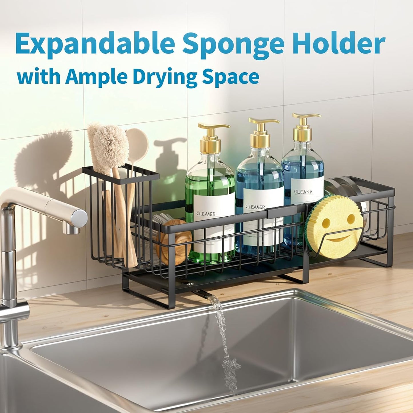 Extra Large Extendable Sponge Holder for Kitchen Sink, Rustproof Sink Caddy Organizer with High Brush Holder, Dish Soap Dispenser Organizers and Storage, Home Essentials Kitchen Countertop Accessories