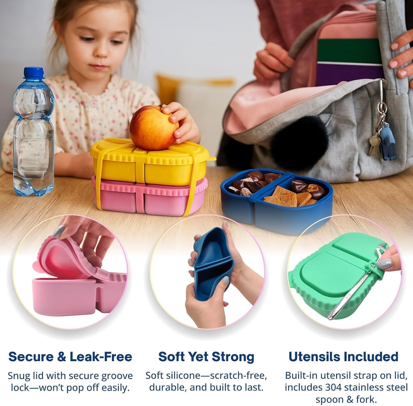 4 Pack Reusable Silicone Snack Containers with Lid, Strap, Spoon & Fork-2 Compartments Portable Mini Containers，Silicone Snack Storage Box for Picnic, Office, School(blue+green+pink+orange)