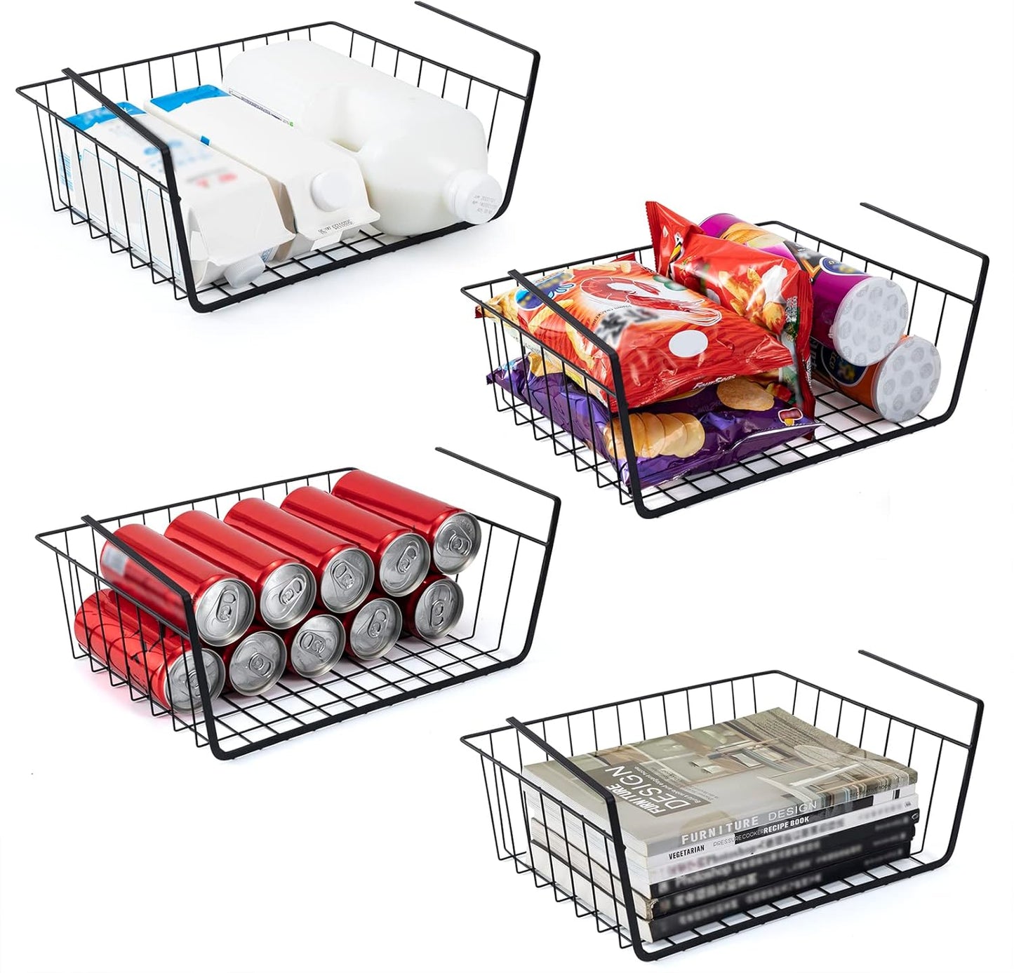 Undershelf Storage Basket Under Shelf Wire Basket Household Metal Under Shelf Hanging Storage Bin Basket Slides Under Shelves for Storage Space Saving for Kitchen Pantry Bookshelf 4 PCS